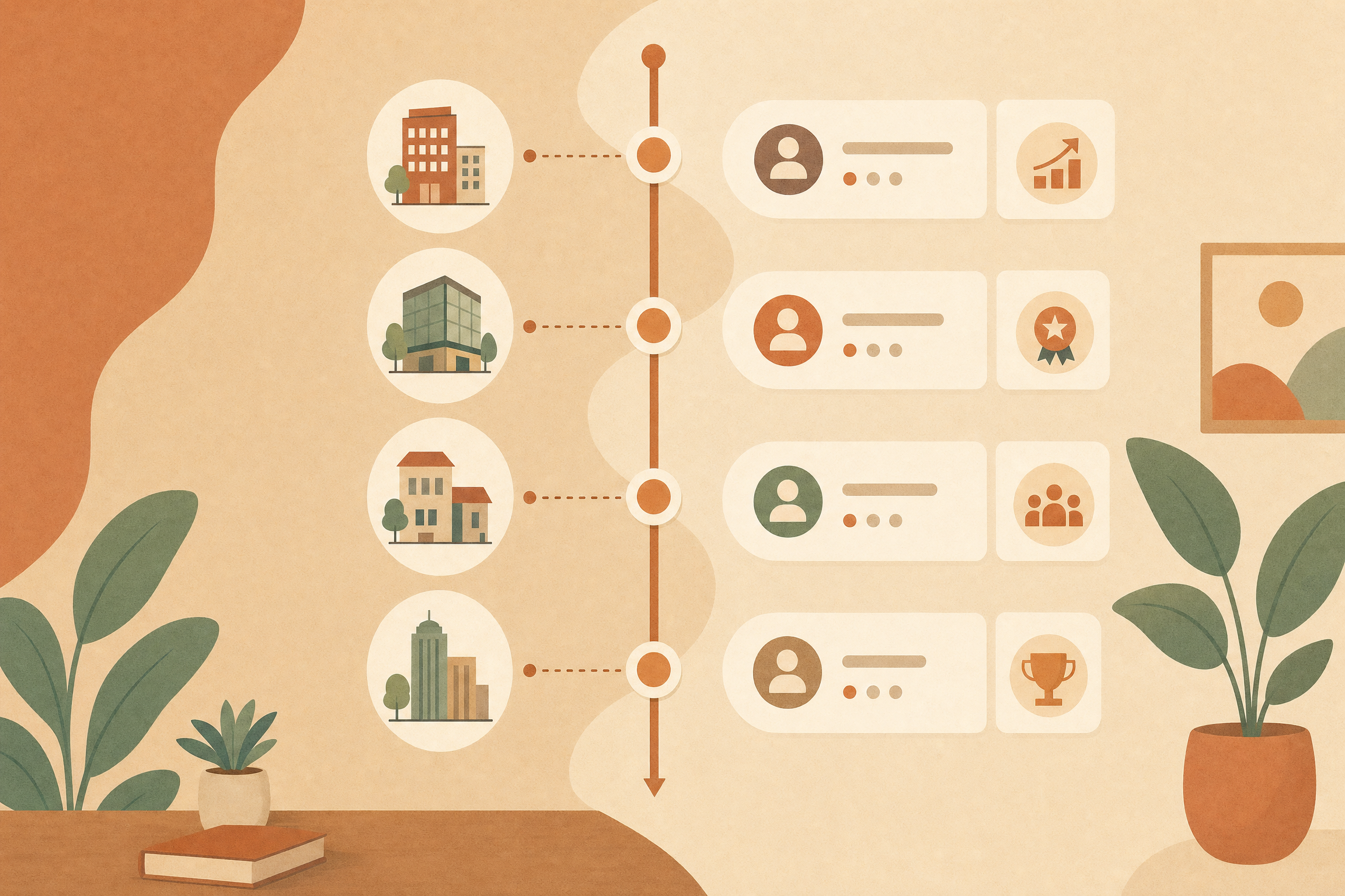 Illustration of a professional career timeline with company icons and achievement badges