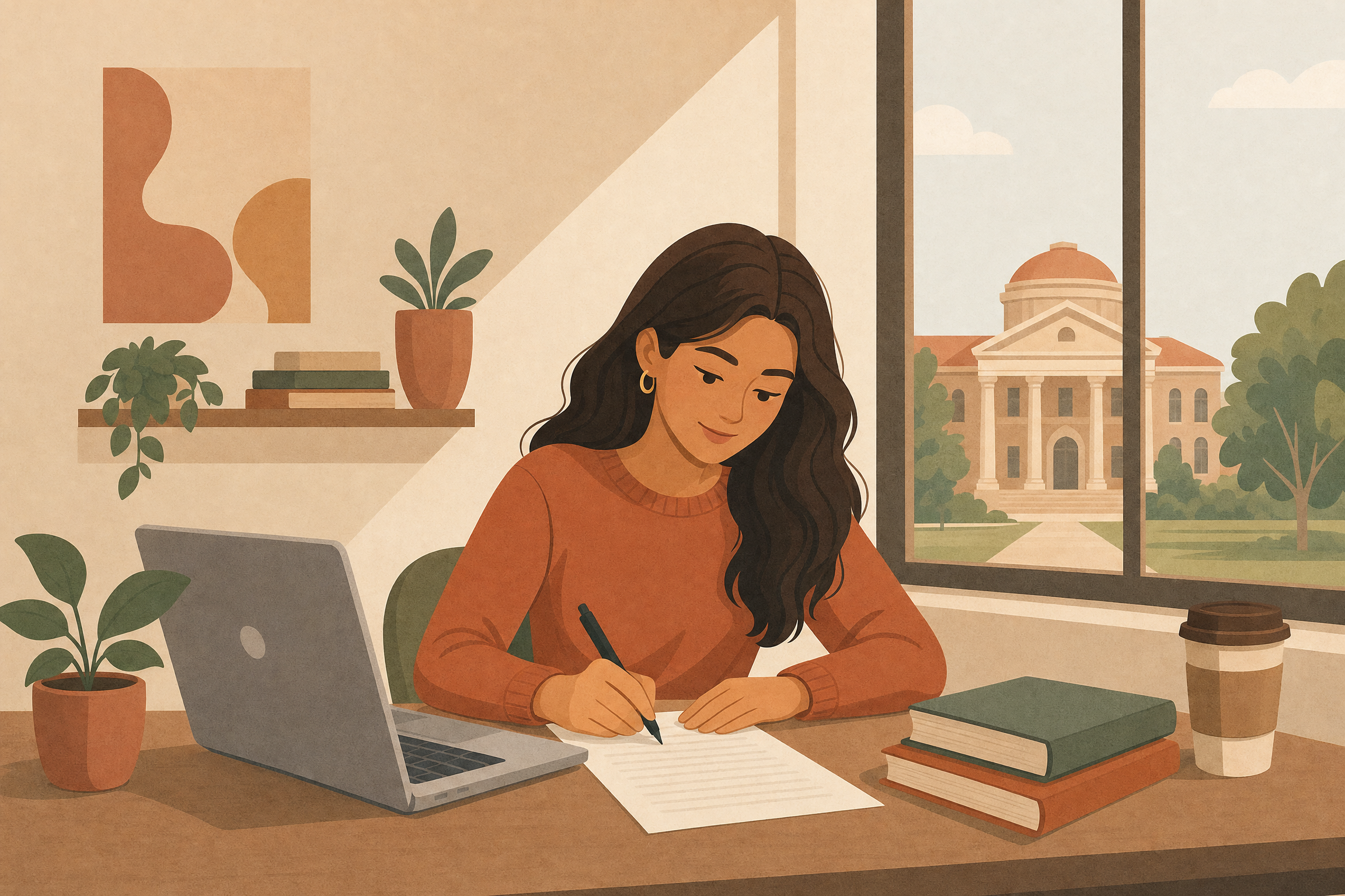Illustration of a college student writing a cover letter at a desk