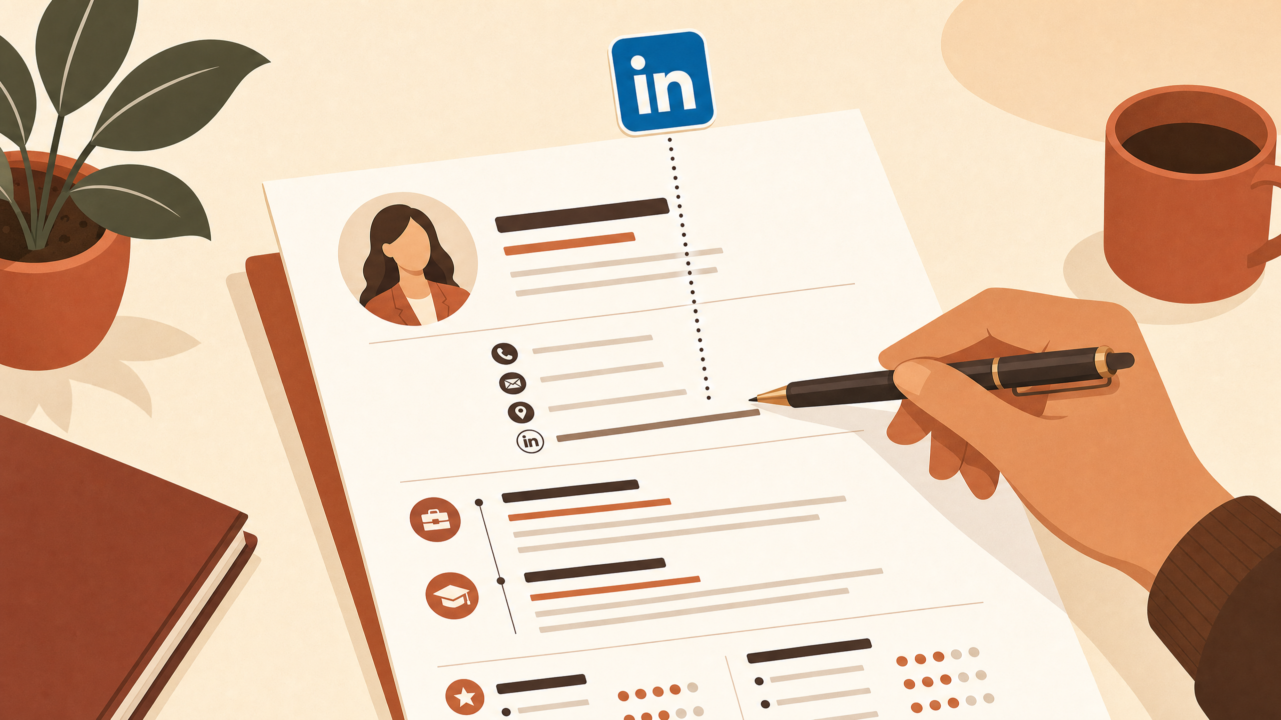 A laptop displaying a LinkedIn profile next to a printed resume