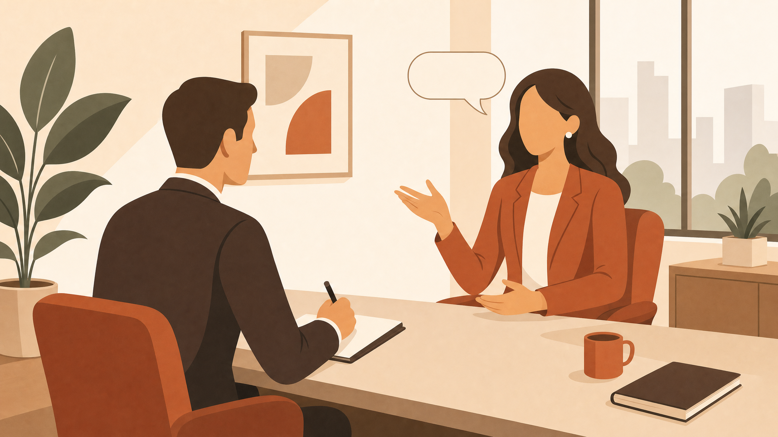 A professional confidently answering the tell me about yourself interview question in a modern office