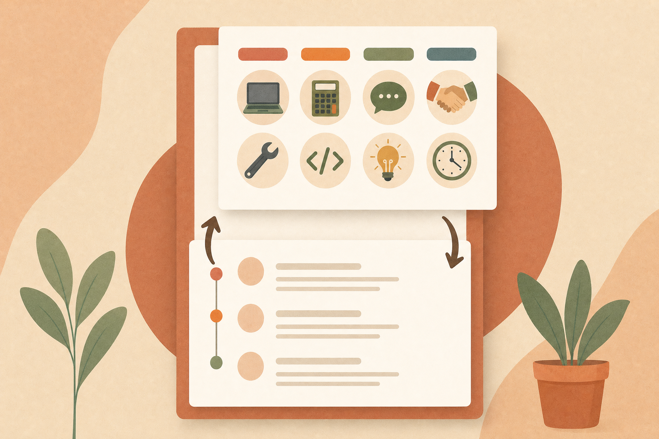 Illustration of a resume being reorganized with skills sections floating to the top
