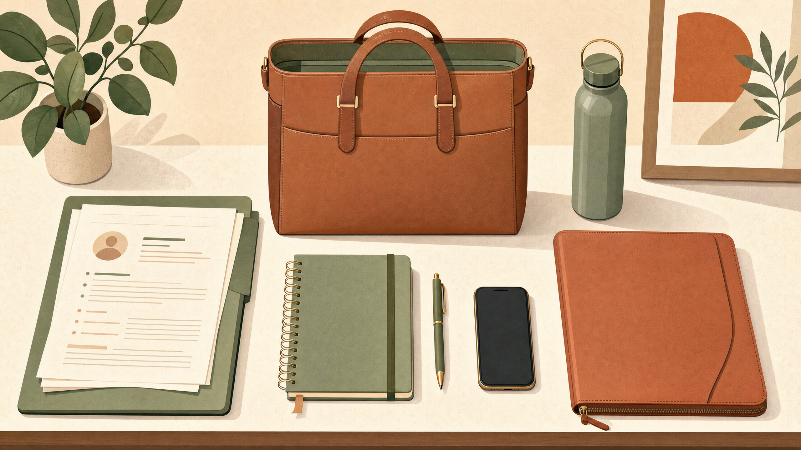 A professional padfolio, pen, and printed resumes ready for a job interview