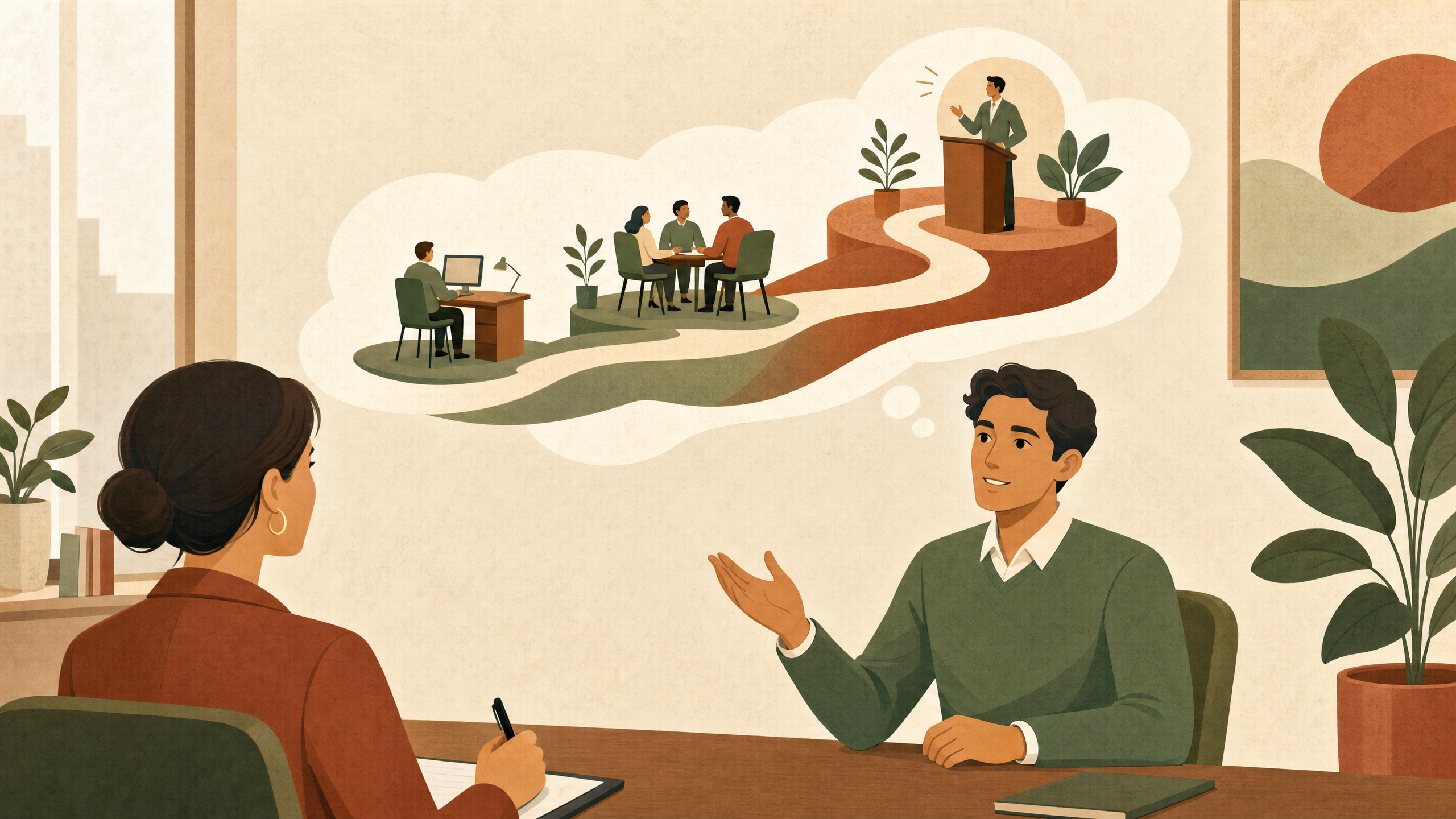 Illustration of a person looking through binoculars toward a career horizon