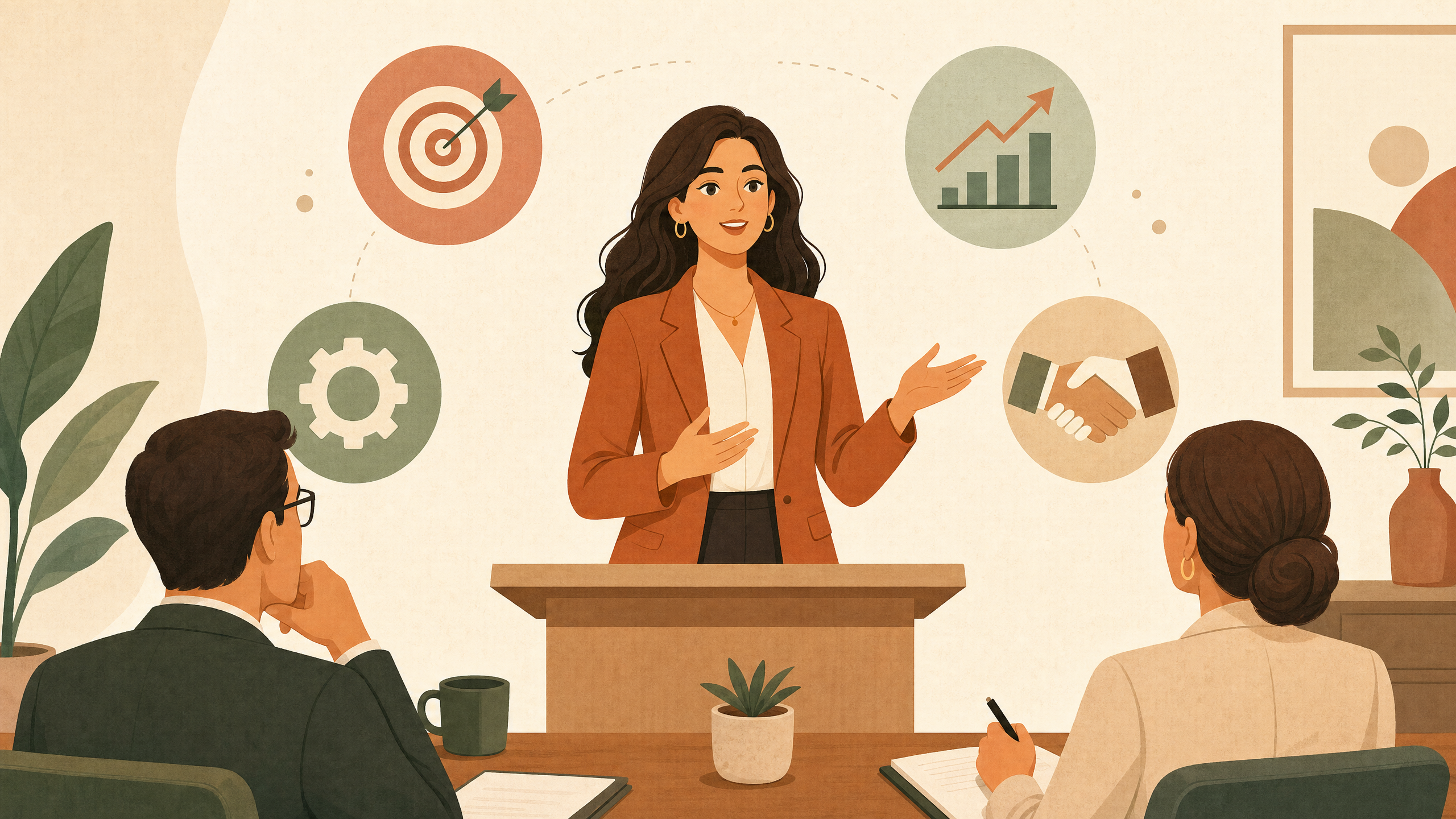 Illustration of a confident candidate presenting their value in an interview