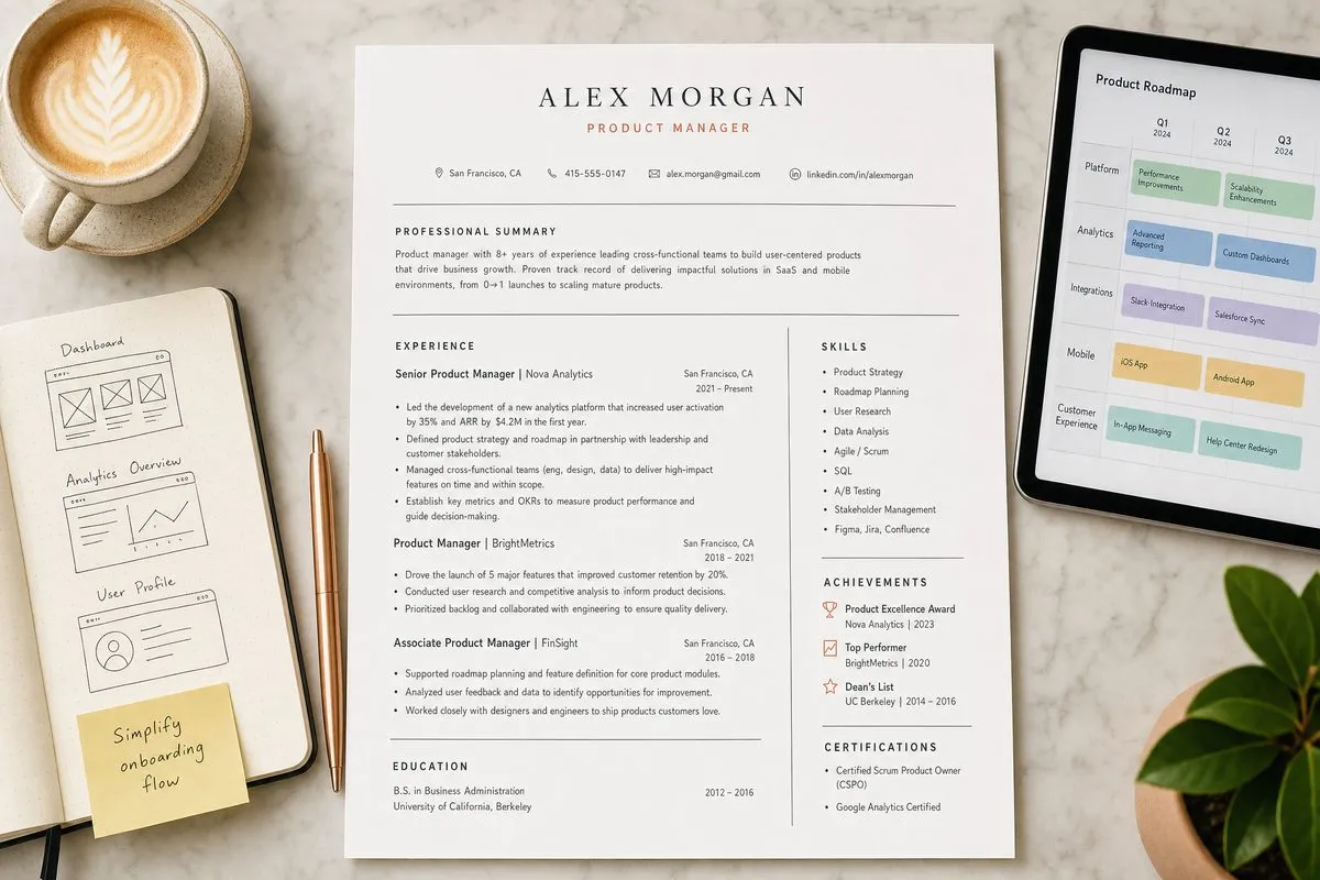 Product manager resume templates resume example on a desk