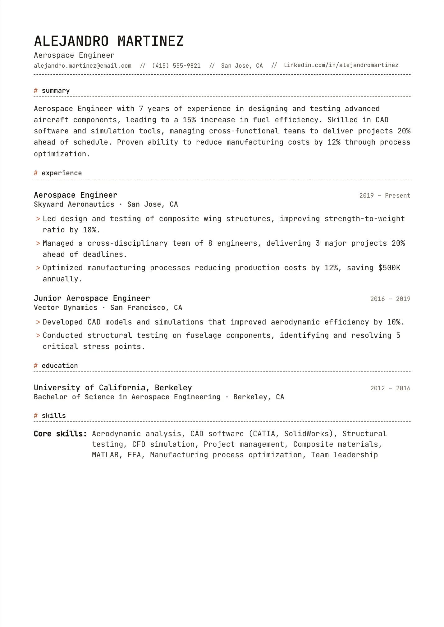 Aerospace Engineer resume example as a one-page PDF in the LuckyResume editor