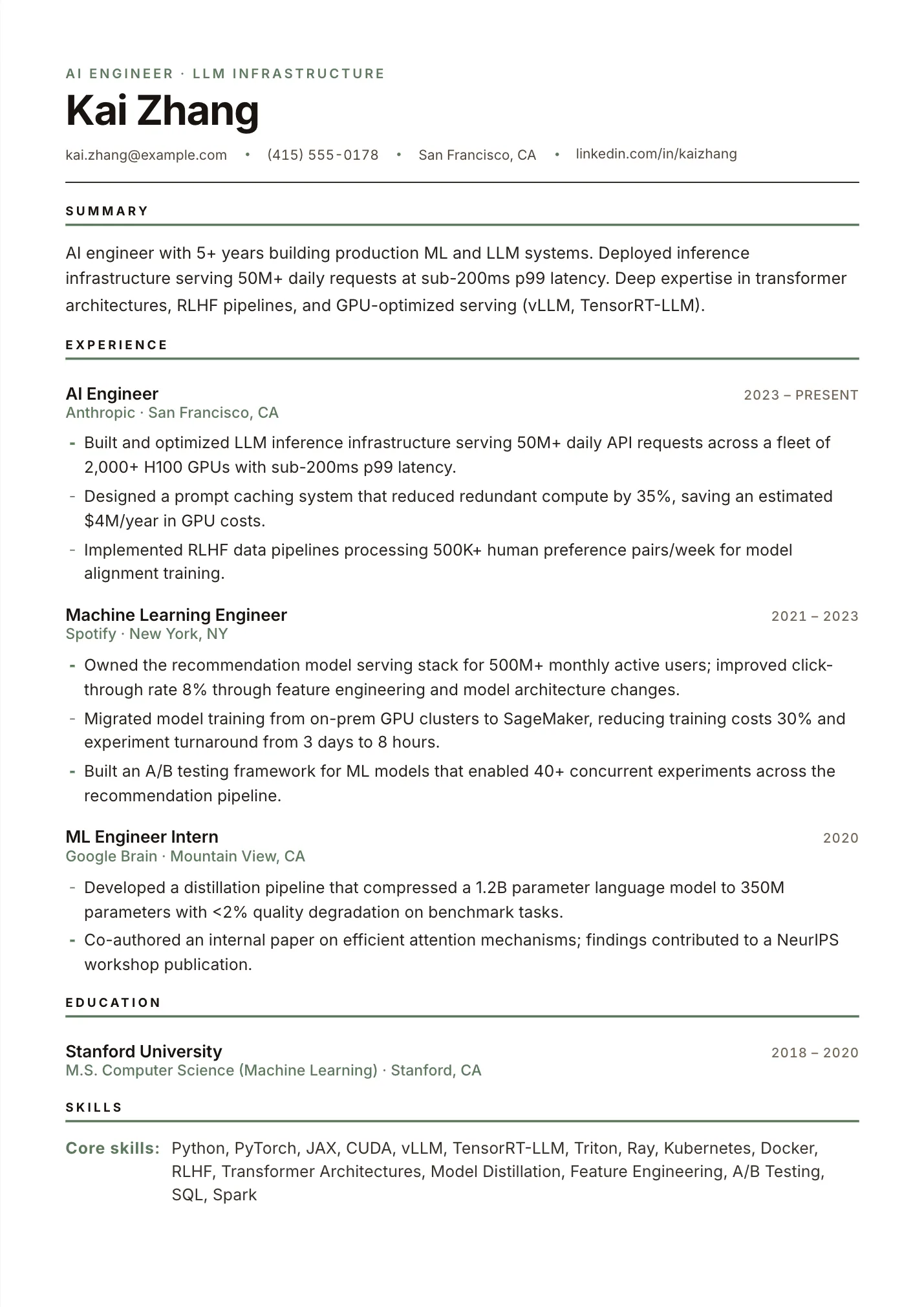 AI Engineer resume example as a one-page PDF in the LuckyResume editor