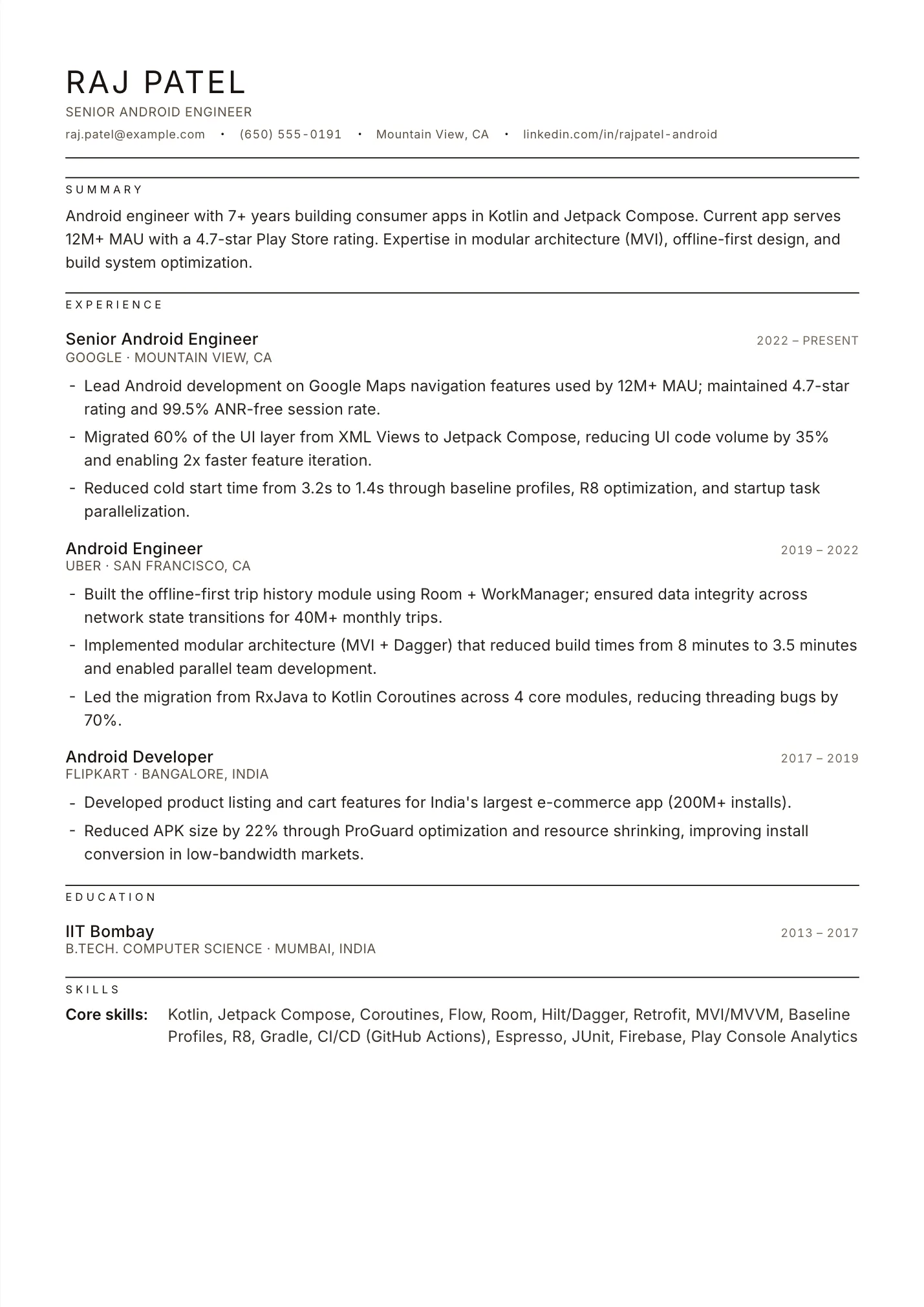 Android Developer resume example as a one-page PDF in the LuckyResume editor