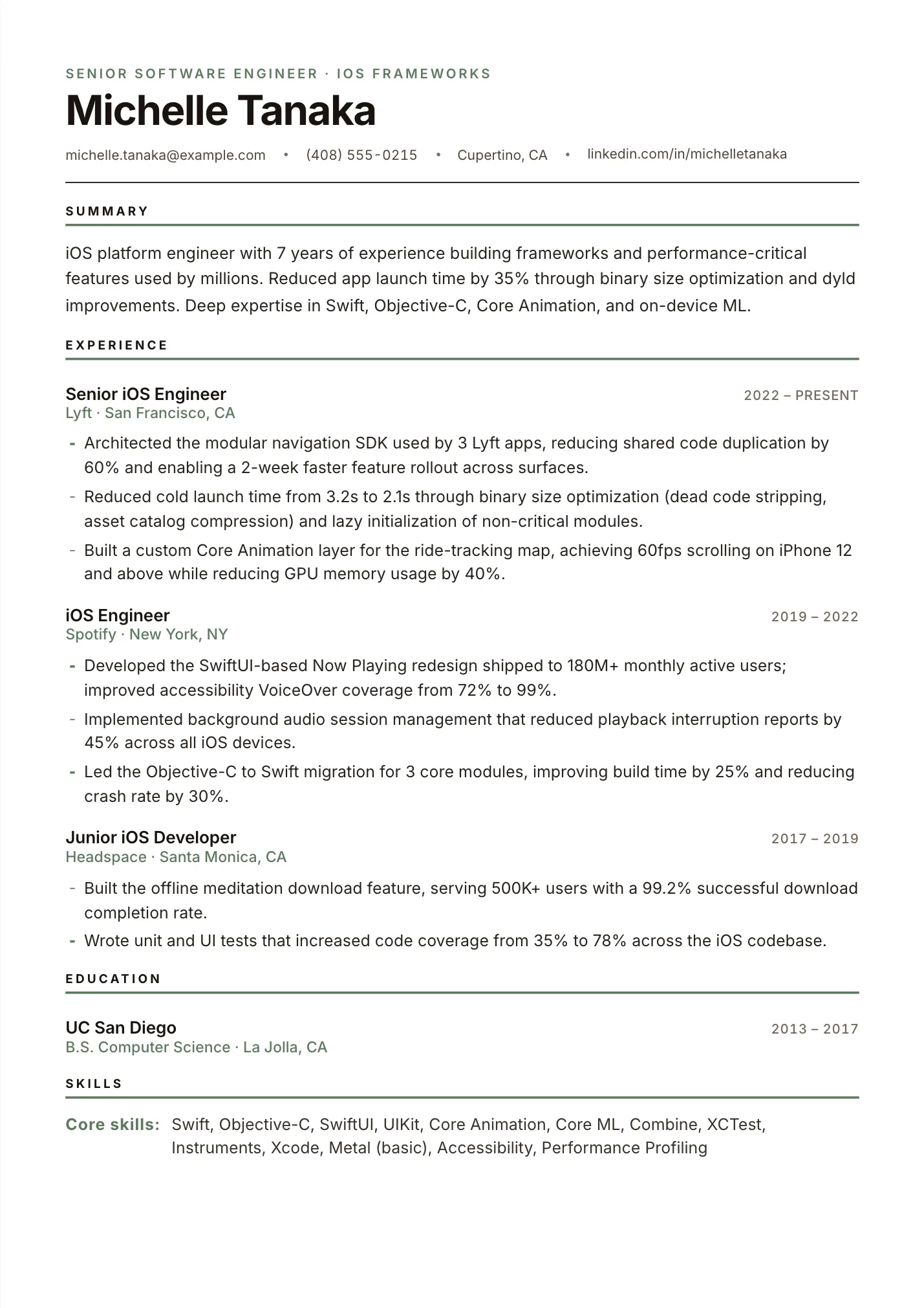 Apple Engineer resume example as a one-page PDF in the LuckyResume editor