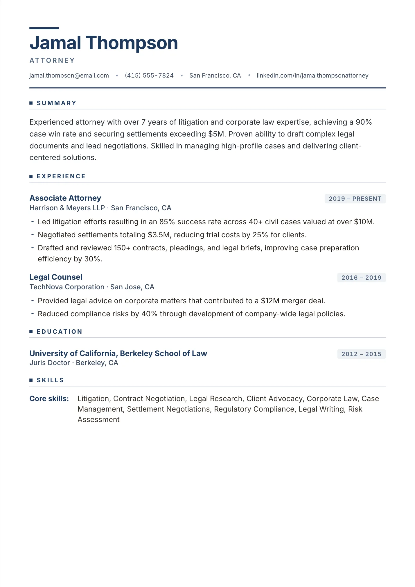 Attorney resume example as a one-page PDF in the LuckyResume editor