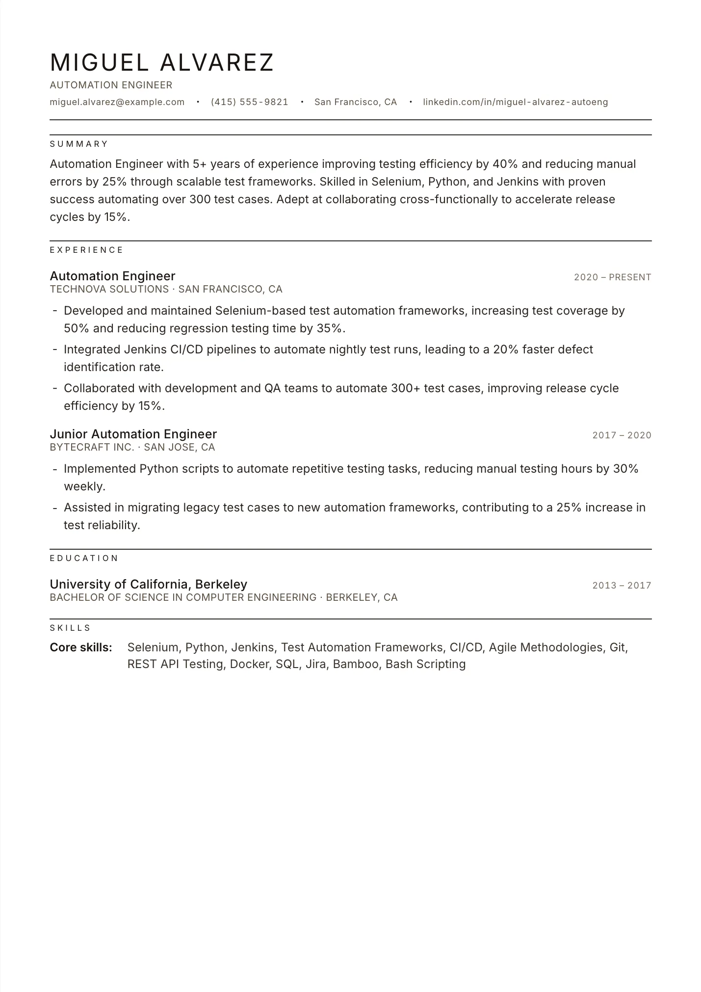 Automation Engineer resume example as a one-page PDF in the LuckyResume editor