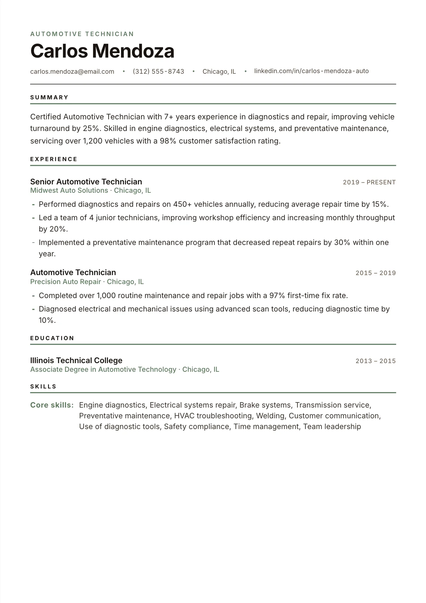 Automotive Technician resume example as a one-page PDF in the LuckyResume editor