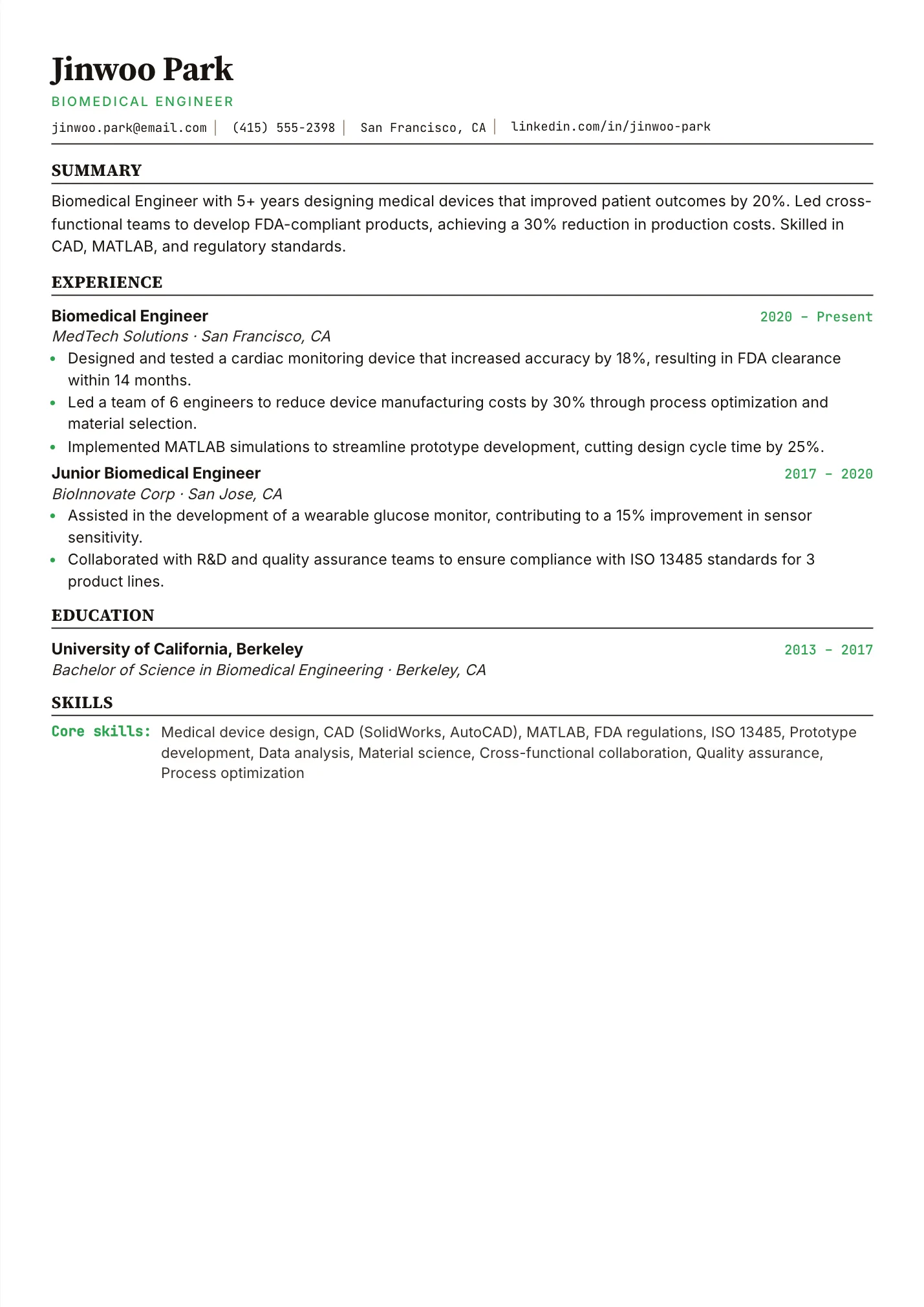 Biomedical Engineer resume example as a one-page PDF in the LuckyResume editor