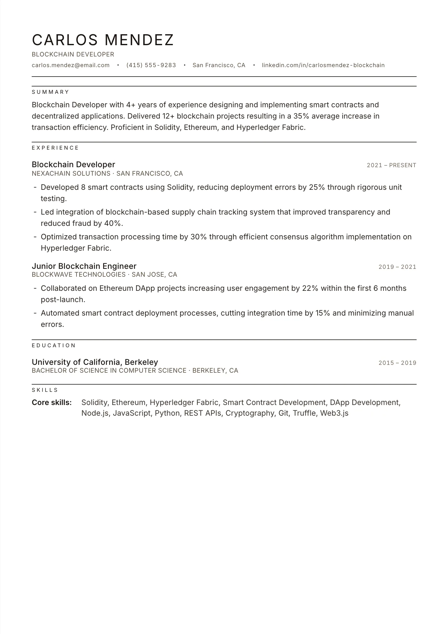 Blockchain Developer resume example as a one-page PDF in the LuckyResume editor