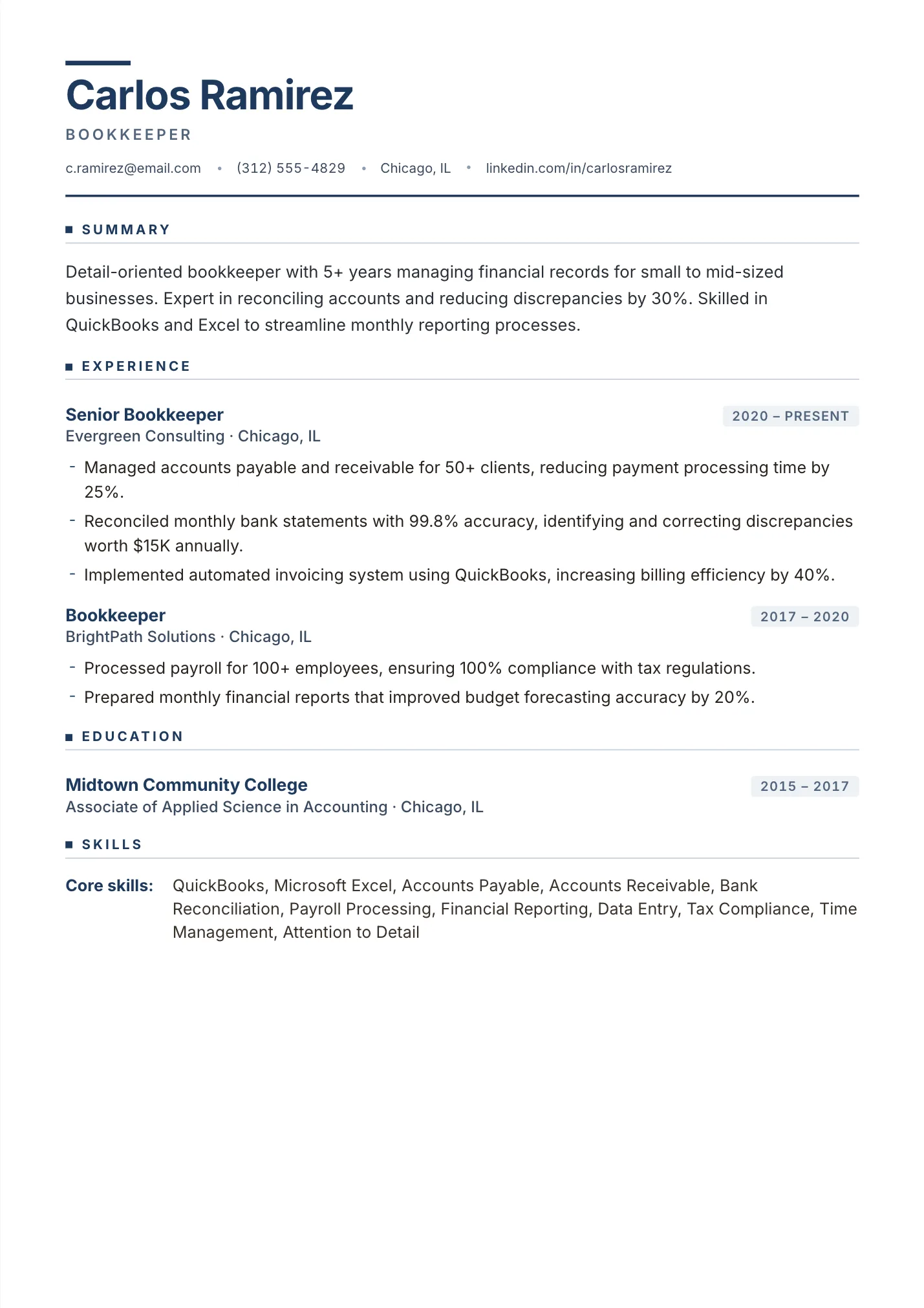 Bookkeeper resume example as a one-page PDF in the LuckyResume editor