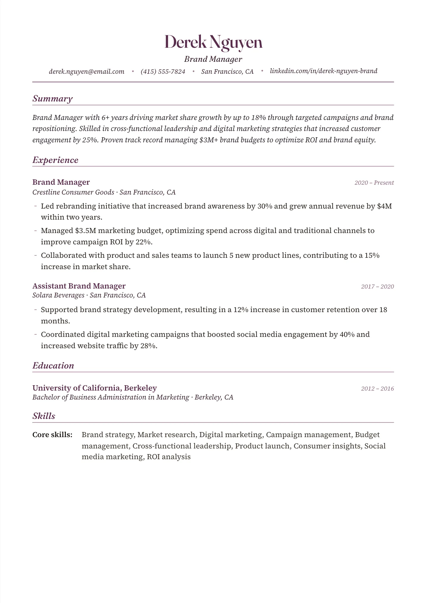 Brand Manager resume example as a one-page PDF in the LuckyResume editor