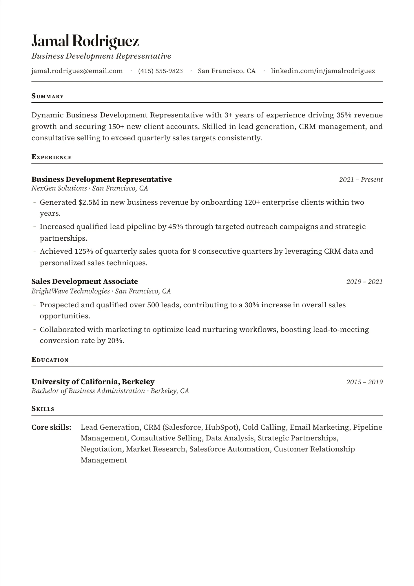 Business Development Representative resume example as a one-page PDF in the LuckyResume editor