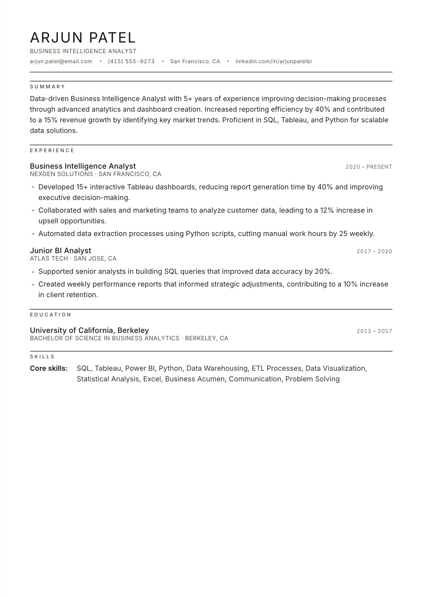 Business Intelligence Analyst resume example as a one-page PDF in the LuckyResume editor