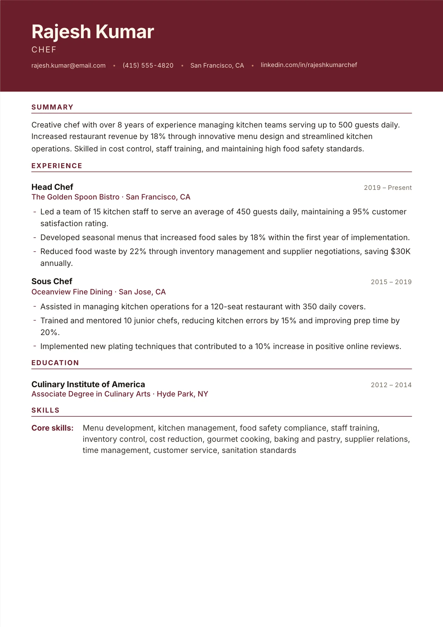 Chef resume example as a one-page PDF in the LuckyResume editor