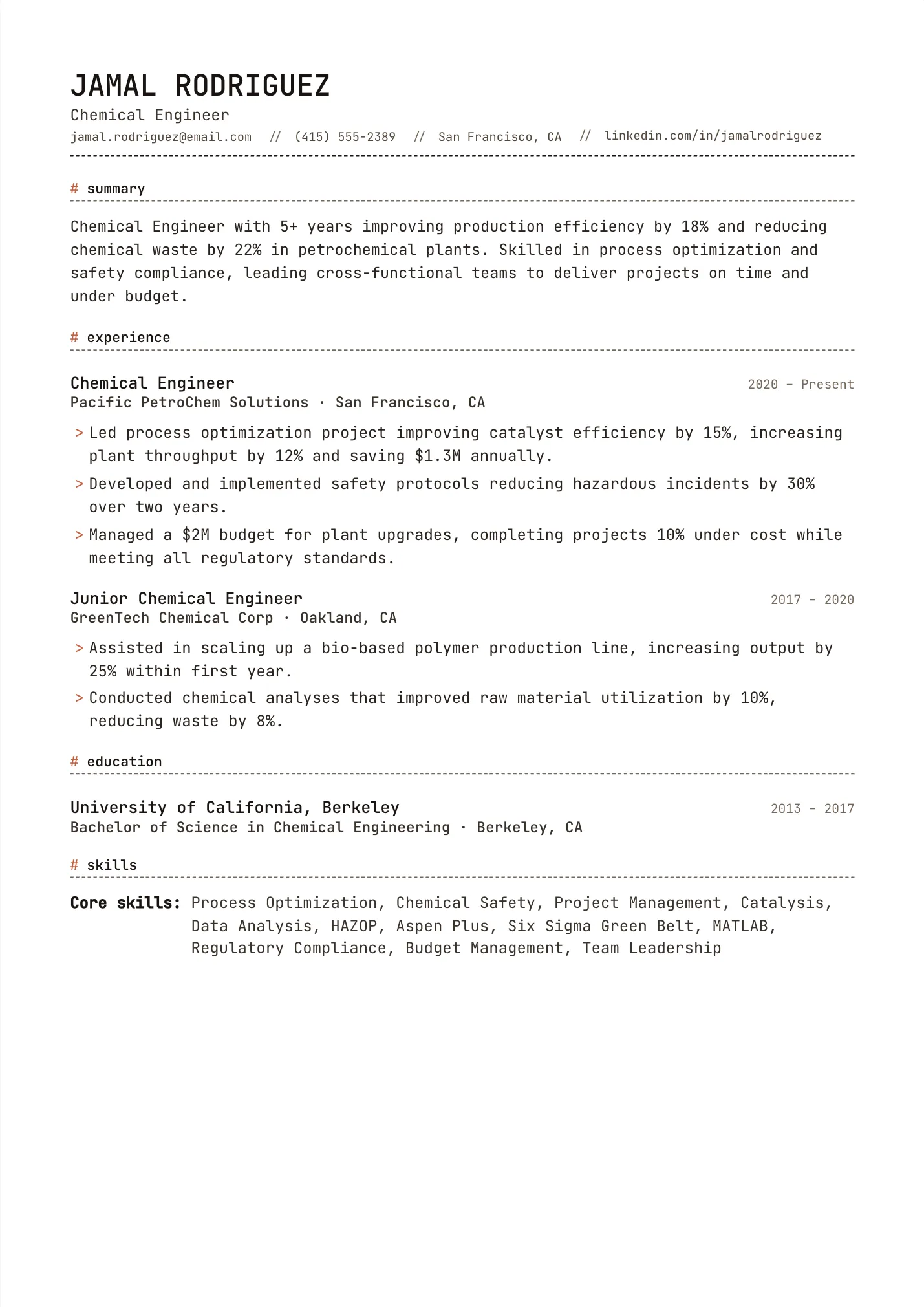 Chemical Engineer resume example as a one-page PDF in the LuckyResume editor