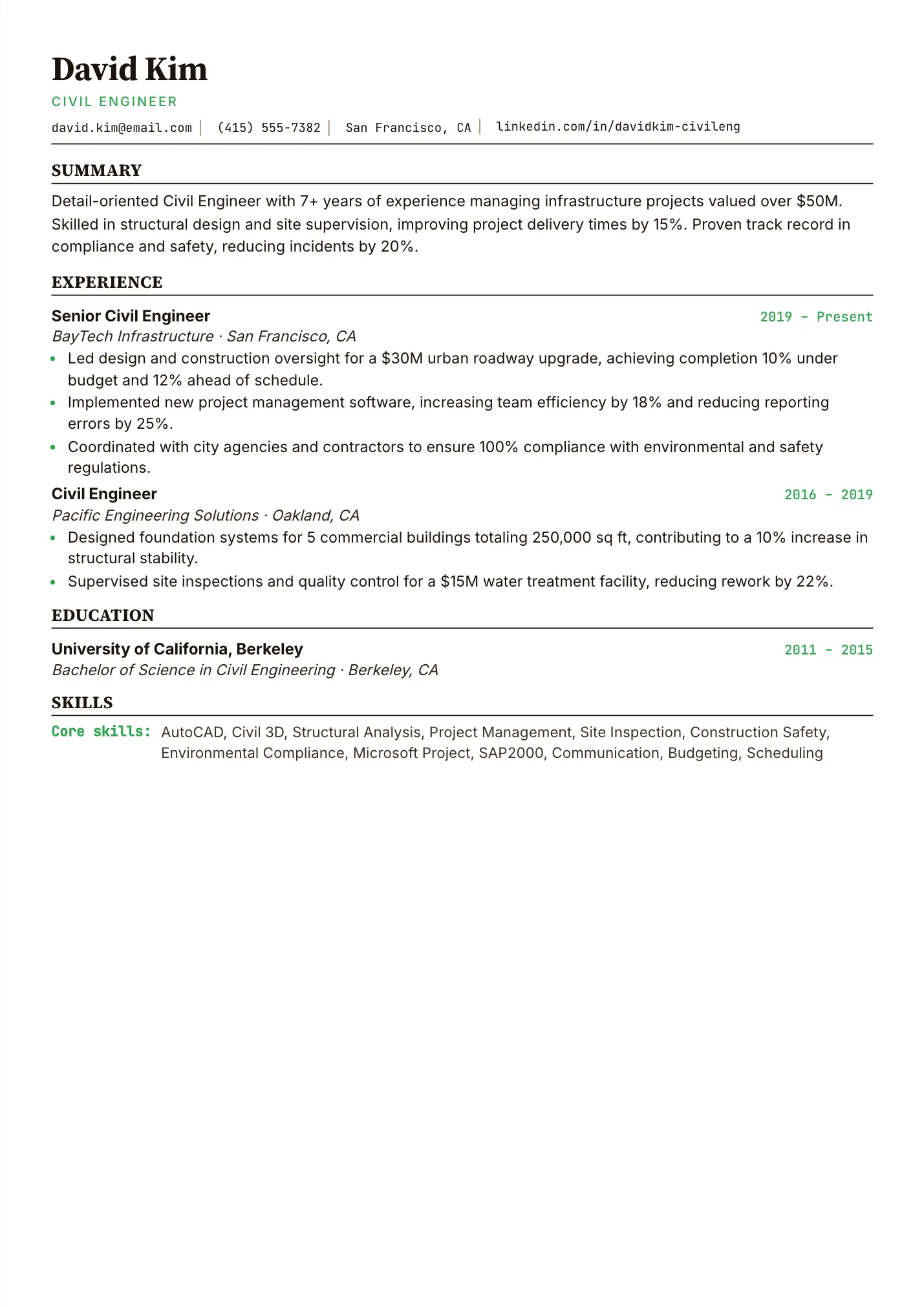 Civil Engineer resume example as a one-page PDF in the LuckyResume editor