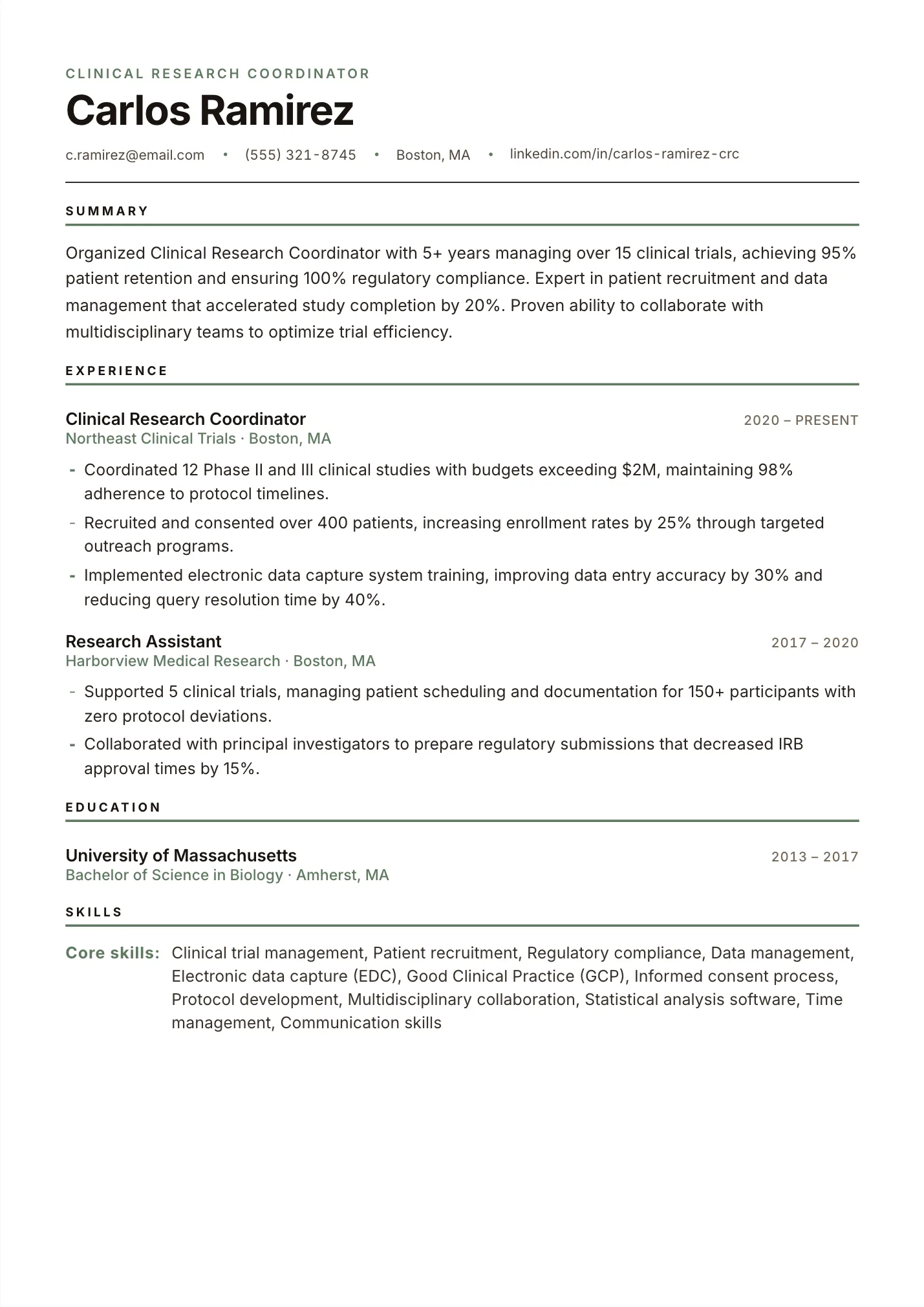 Clinical Research Coordinator resume example as a one-page PDF in the LuckyResume editor