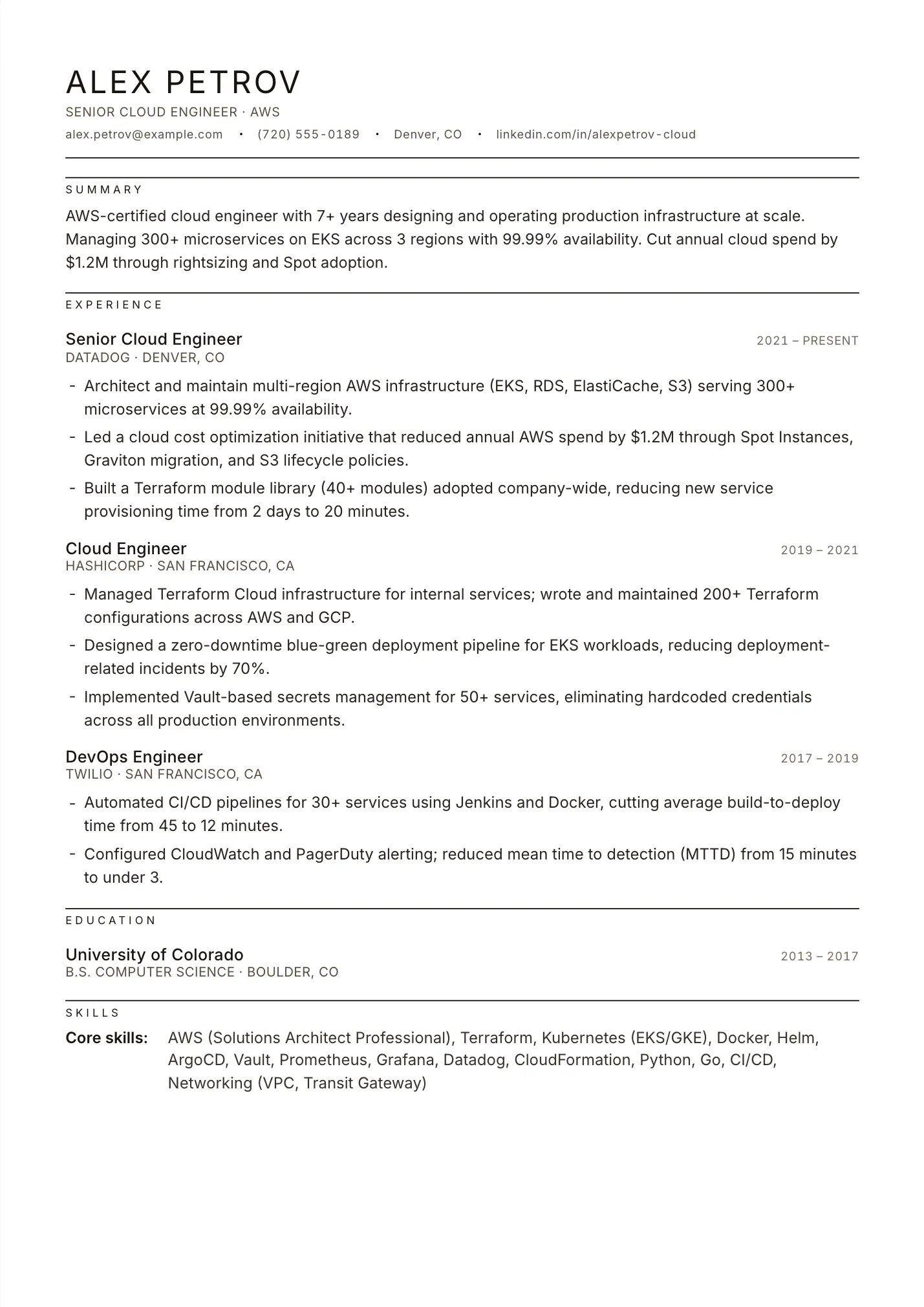 Cloud Engineer resume example as a one-page PDF in the LuckyResume editor