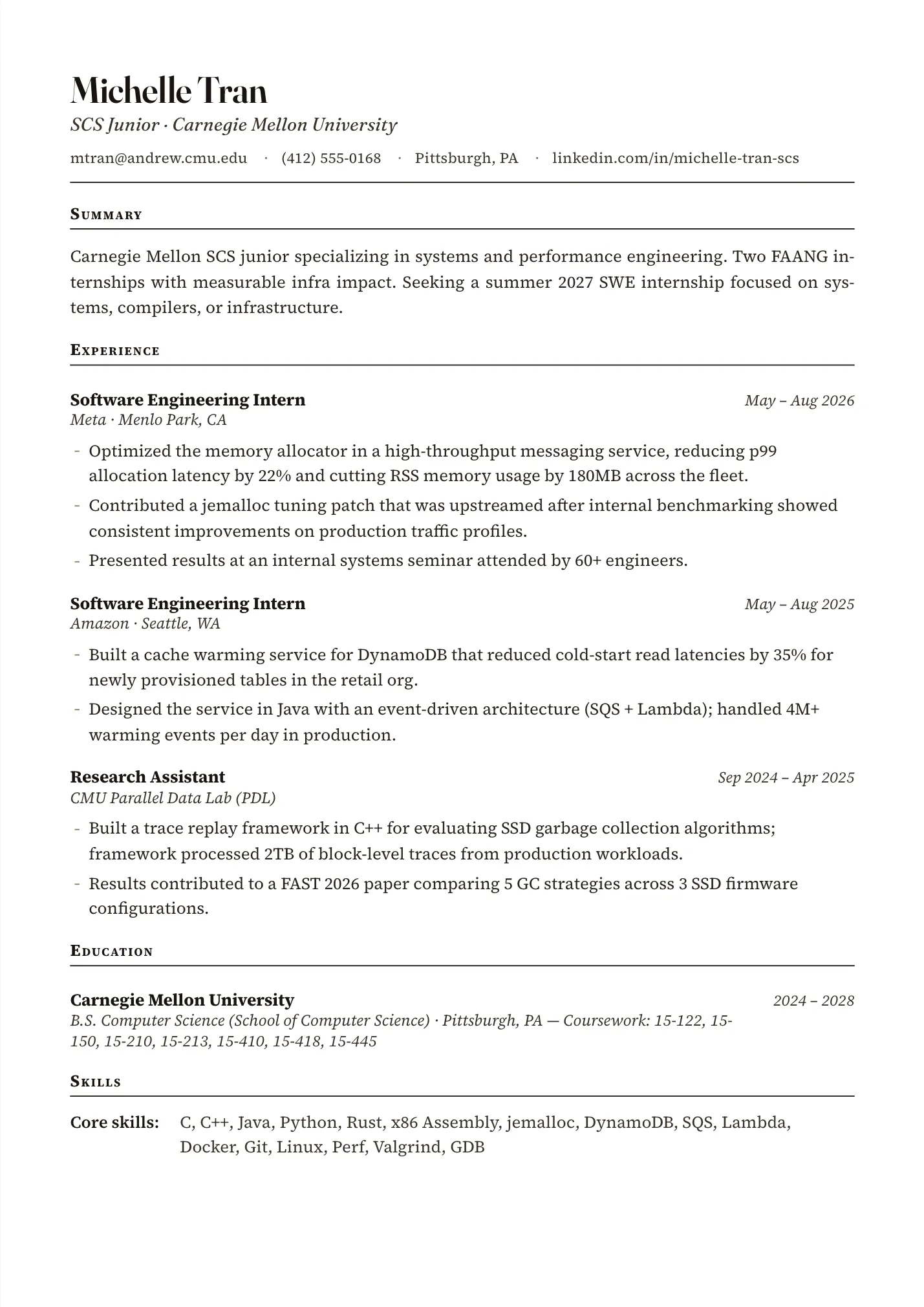 CMU Resume resume example as a one-page PDF in the LuckyResume editor
