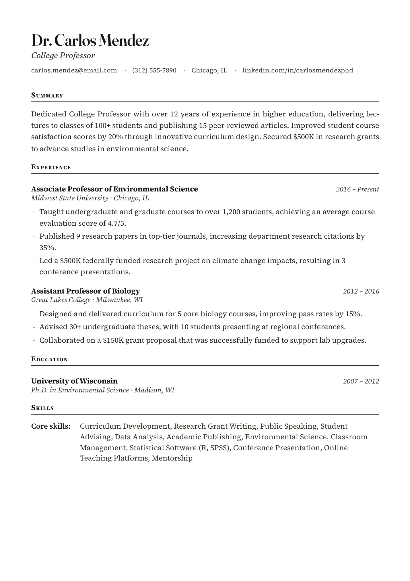 College Professor resume example as a one-page PDF in the LuckyResume editor