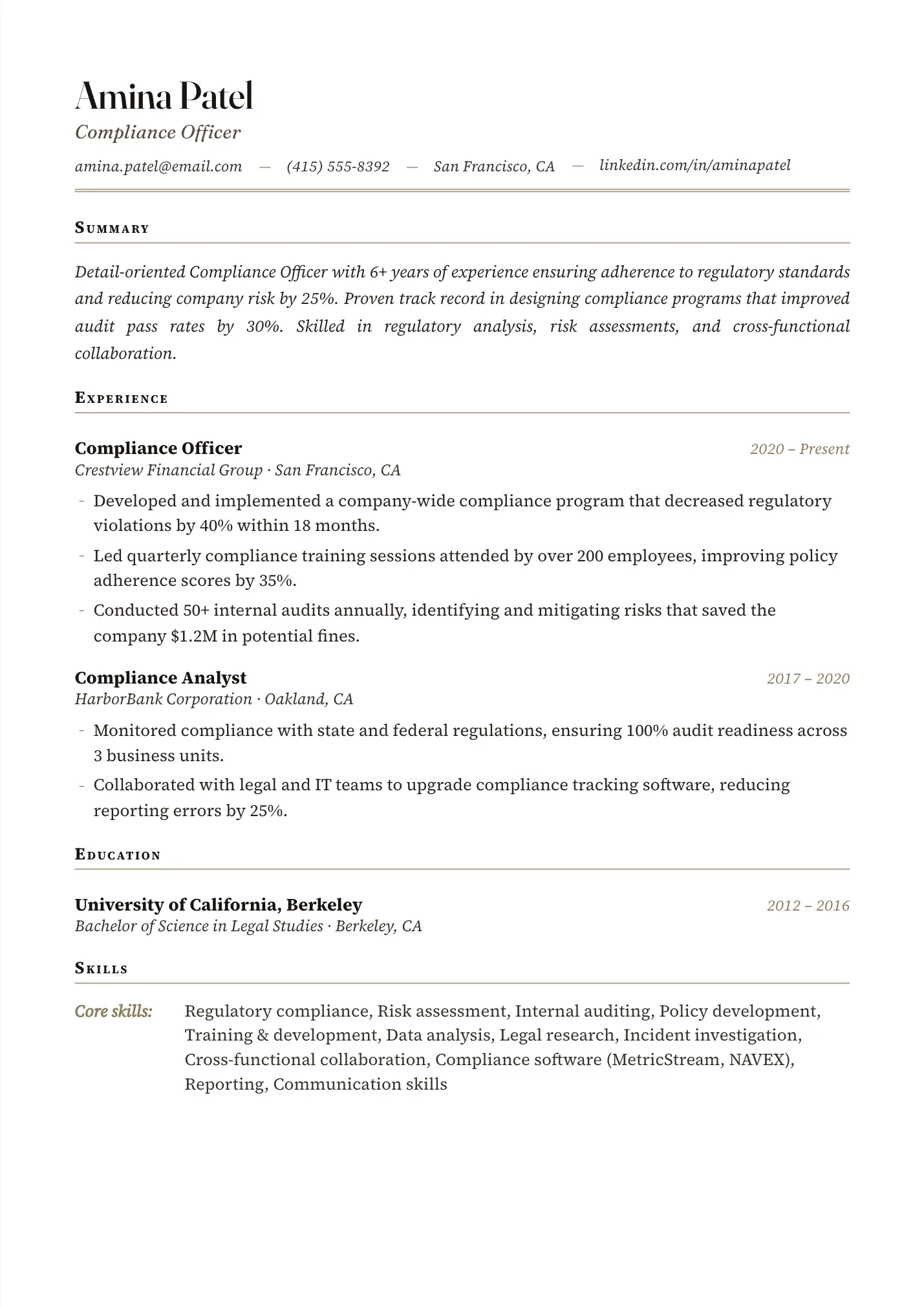 Compliance Officer resume example as a one-page PDF in the LuckyResume editor