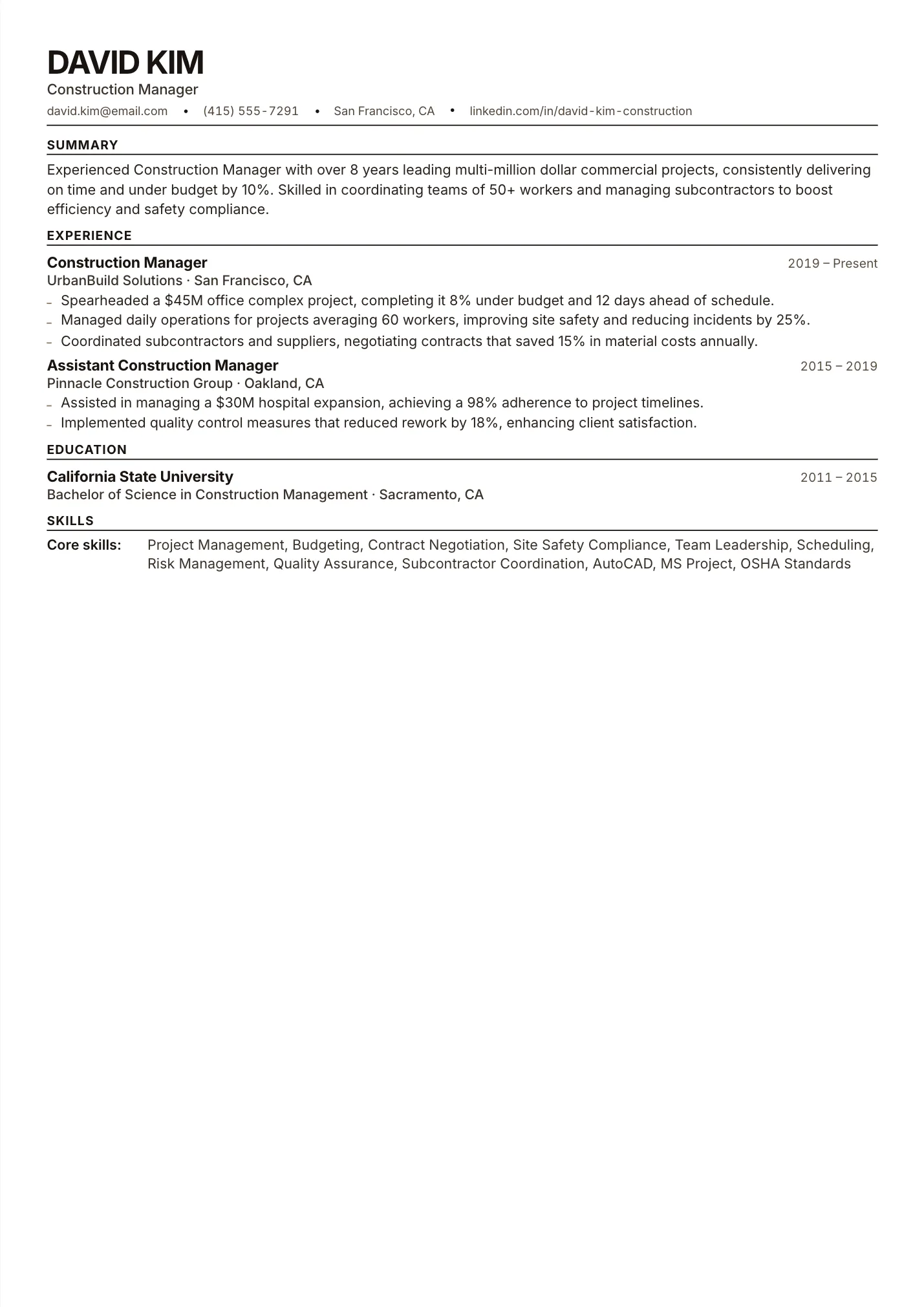 Construction Manager resume example as a one-page PDF in the LuckyResume editor