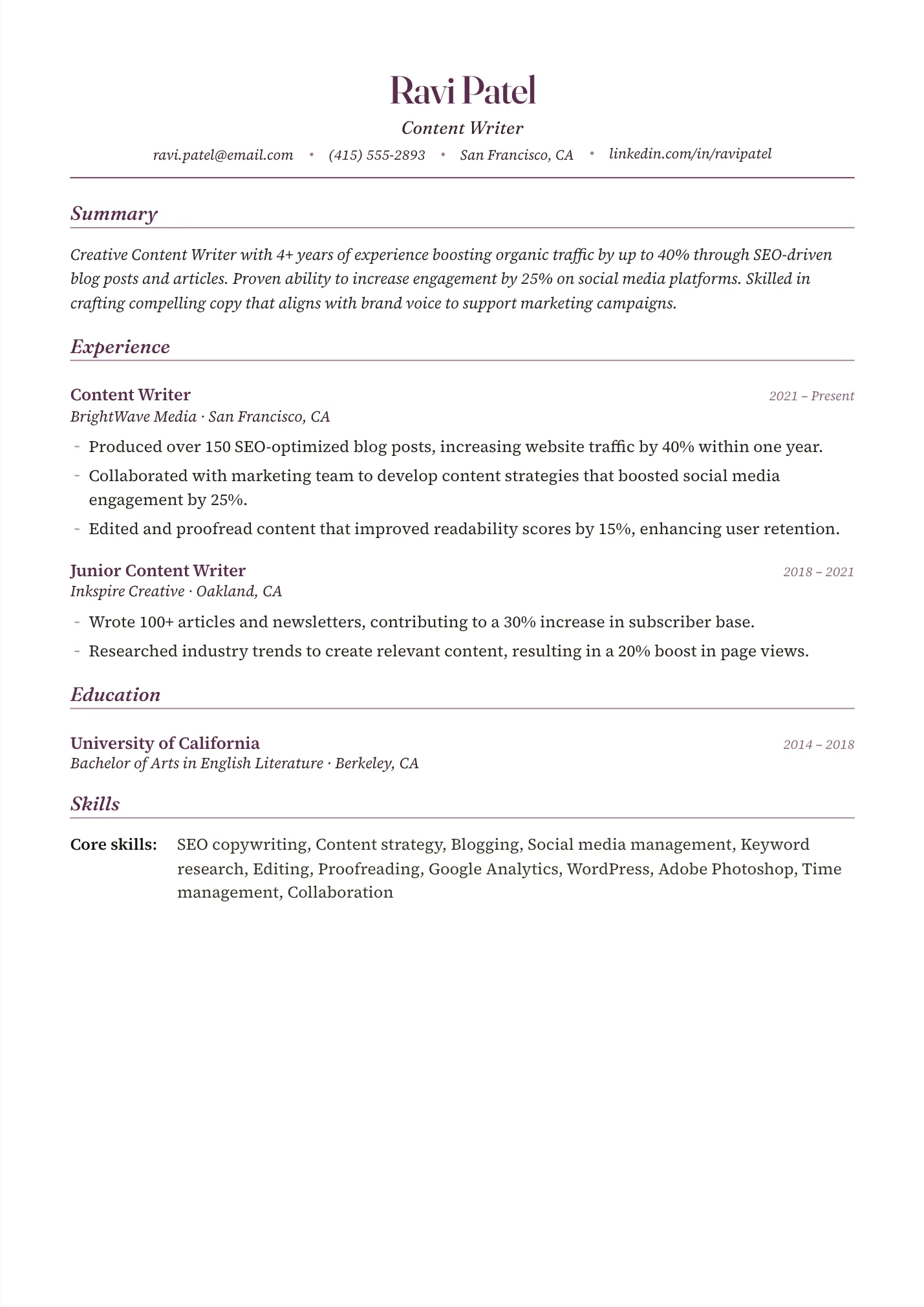 Content Writer resume example as a one-page PDF in the LuckyResume editor