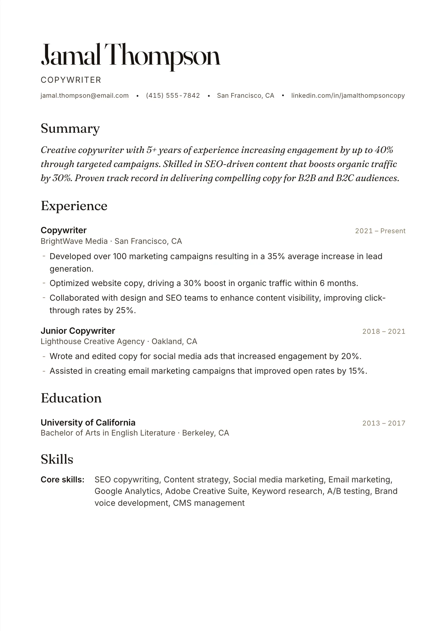 Copywriter resume example as a one-page PDF in the LuckyResume editor