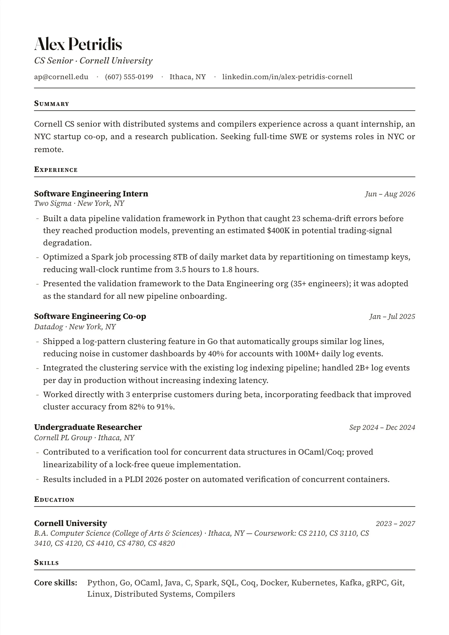 Cornell Resume resume example as a one-page PDF in the LuckyResume editor