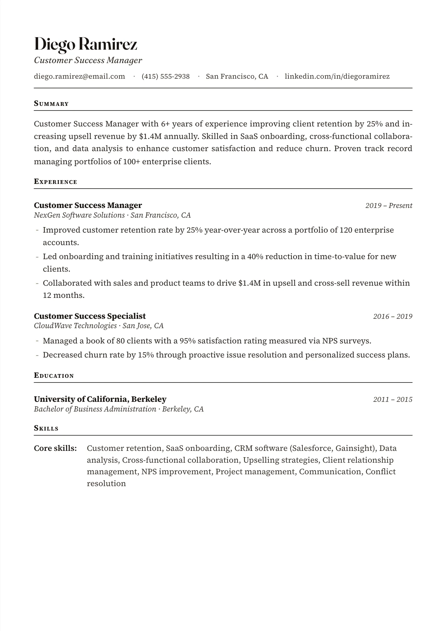 Customer Success Manager resume example as a one-page PDF in the LuckyResume editor