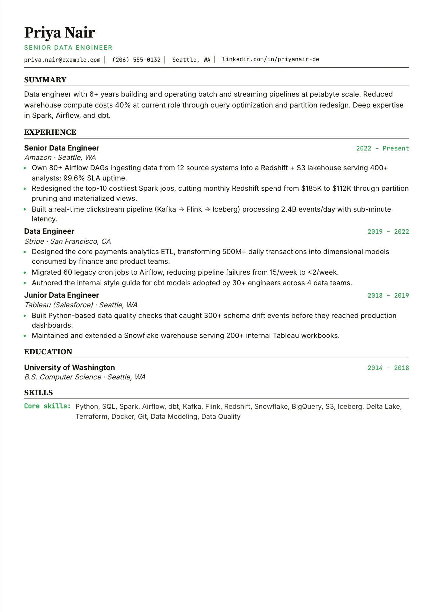 Data Engineer resume example as a one-page PDF in the LuckyResume editor