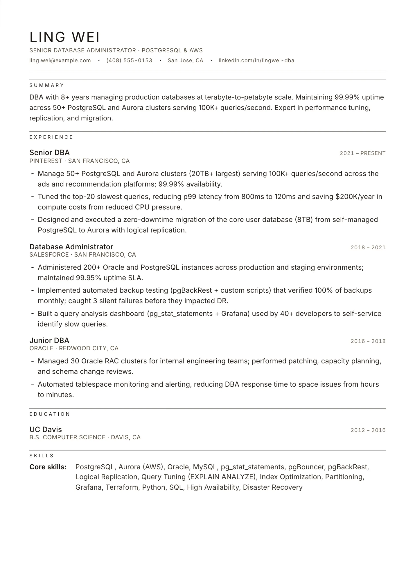 Database Administrator resume example as a one-page PDF in the LuckyResume editor
