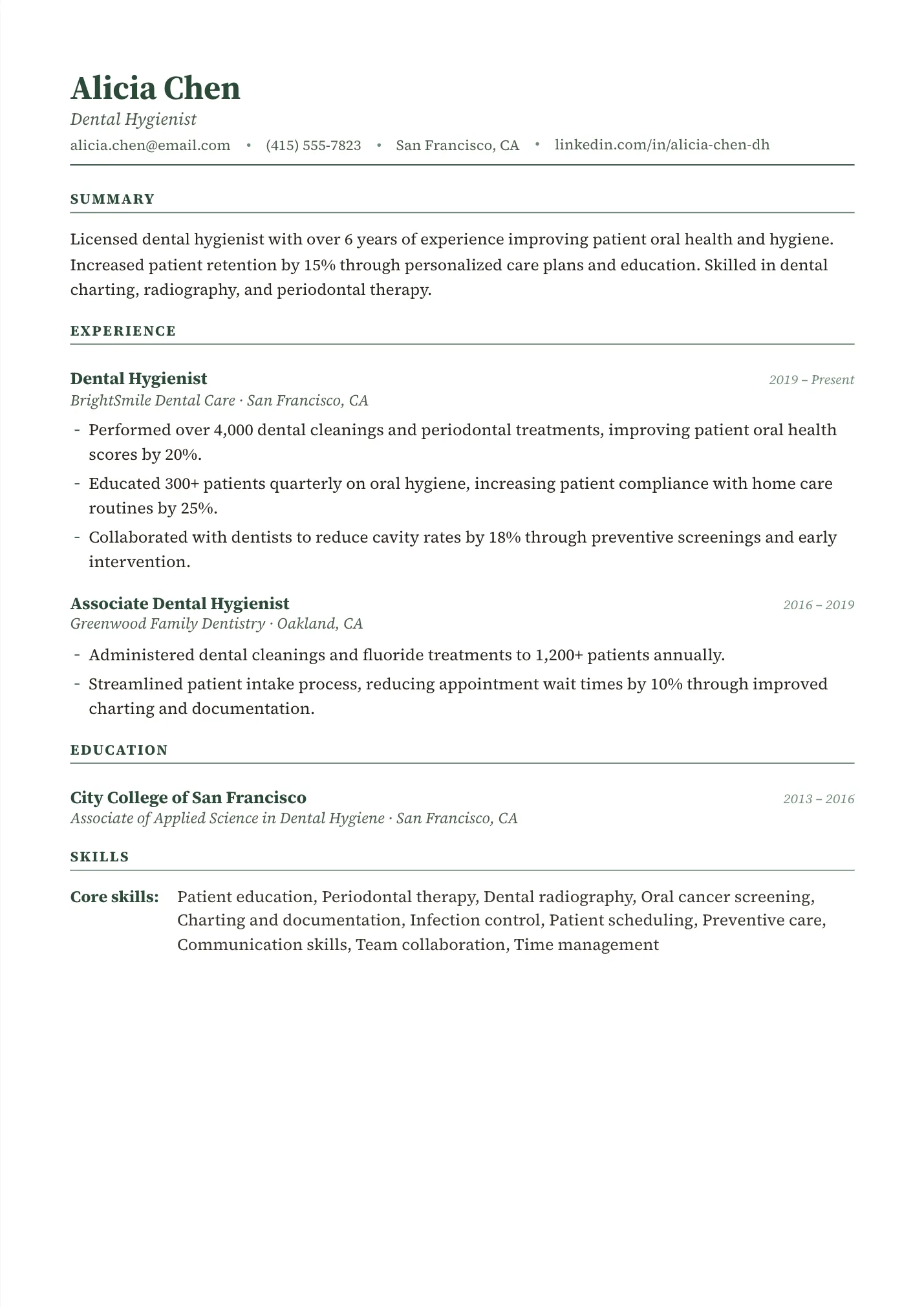 Dental Hygienist resume example as a one-page PDF in the LuckyResume editor