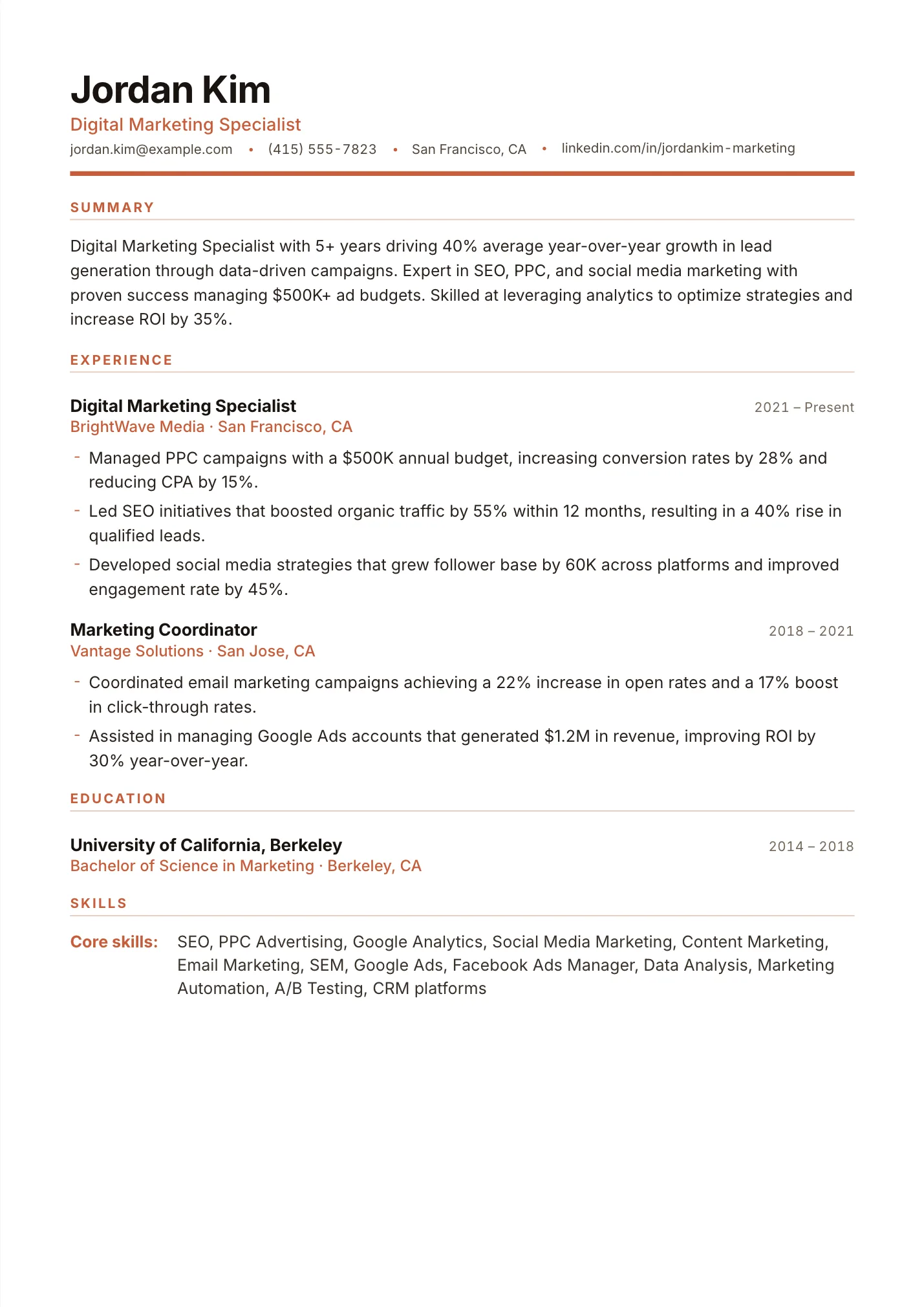 Digital Marketing Specialist resume example as a one-page PDF in the LuckyResume editor