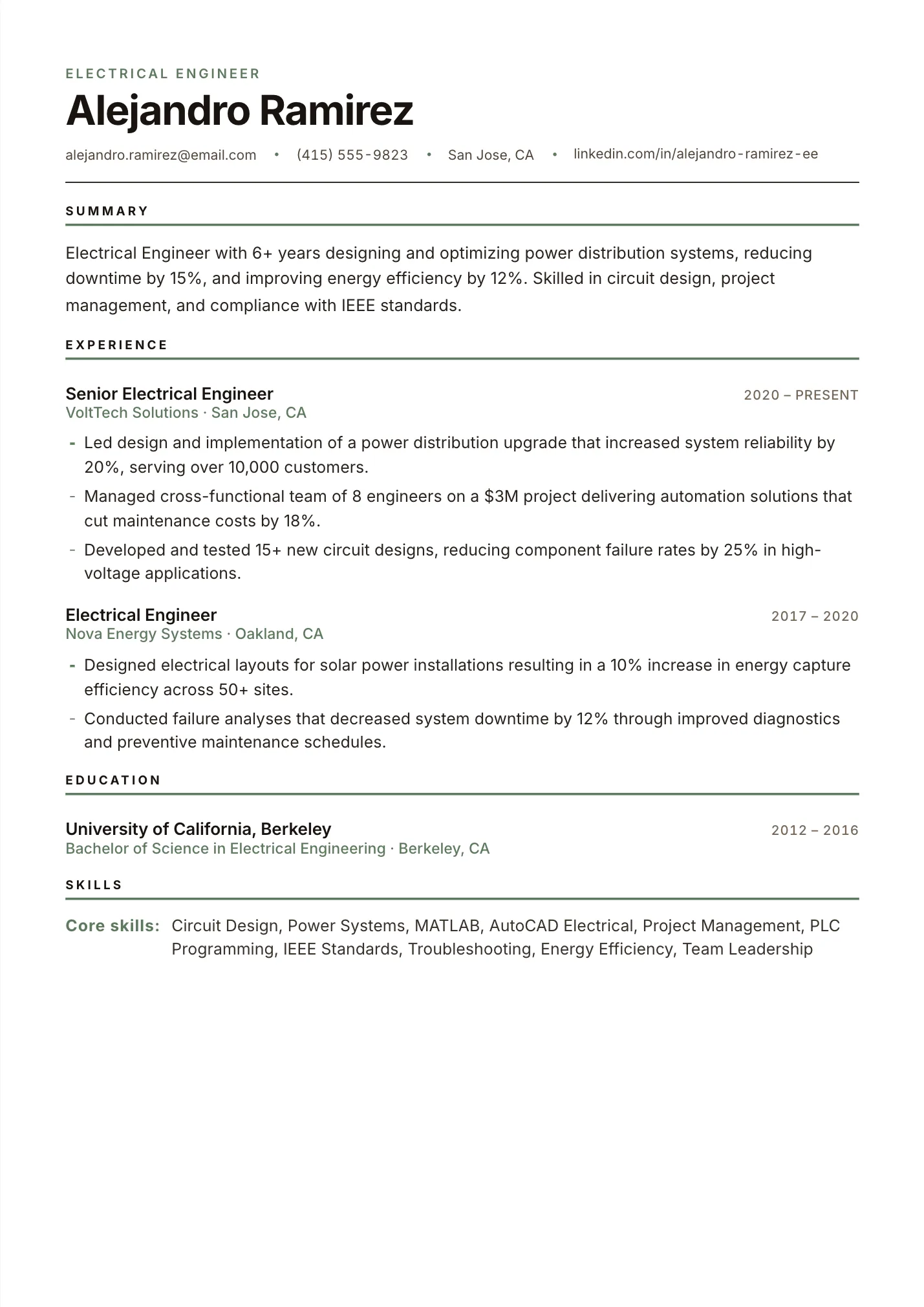 Electrical Engineer resume example as a one-page PDF in the LuckyResume editor
