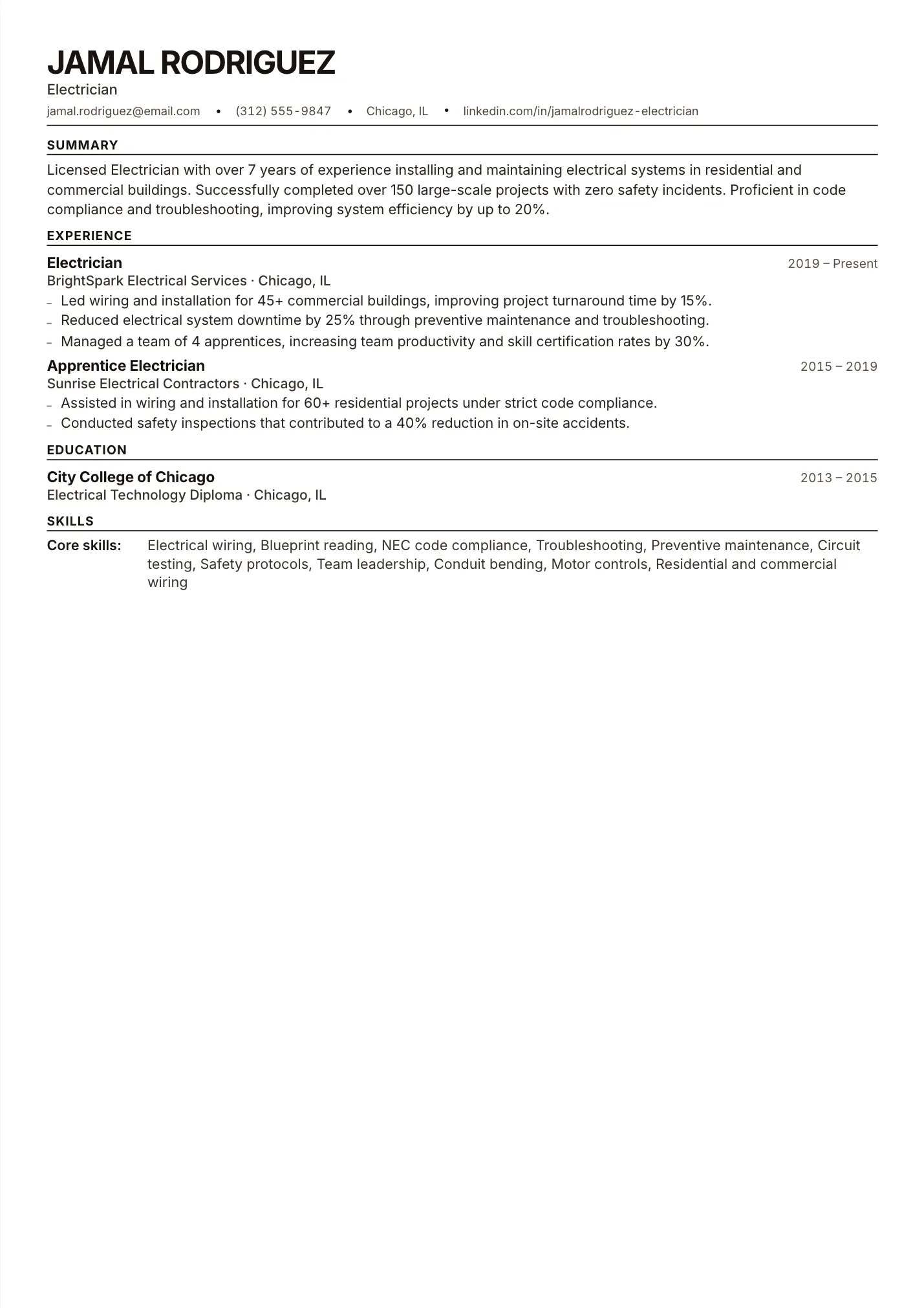 Electrician resume example as a one-page PDF in the LuckyResume editor