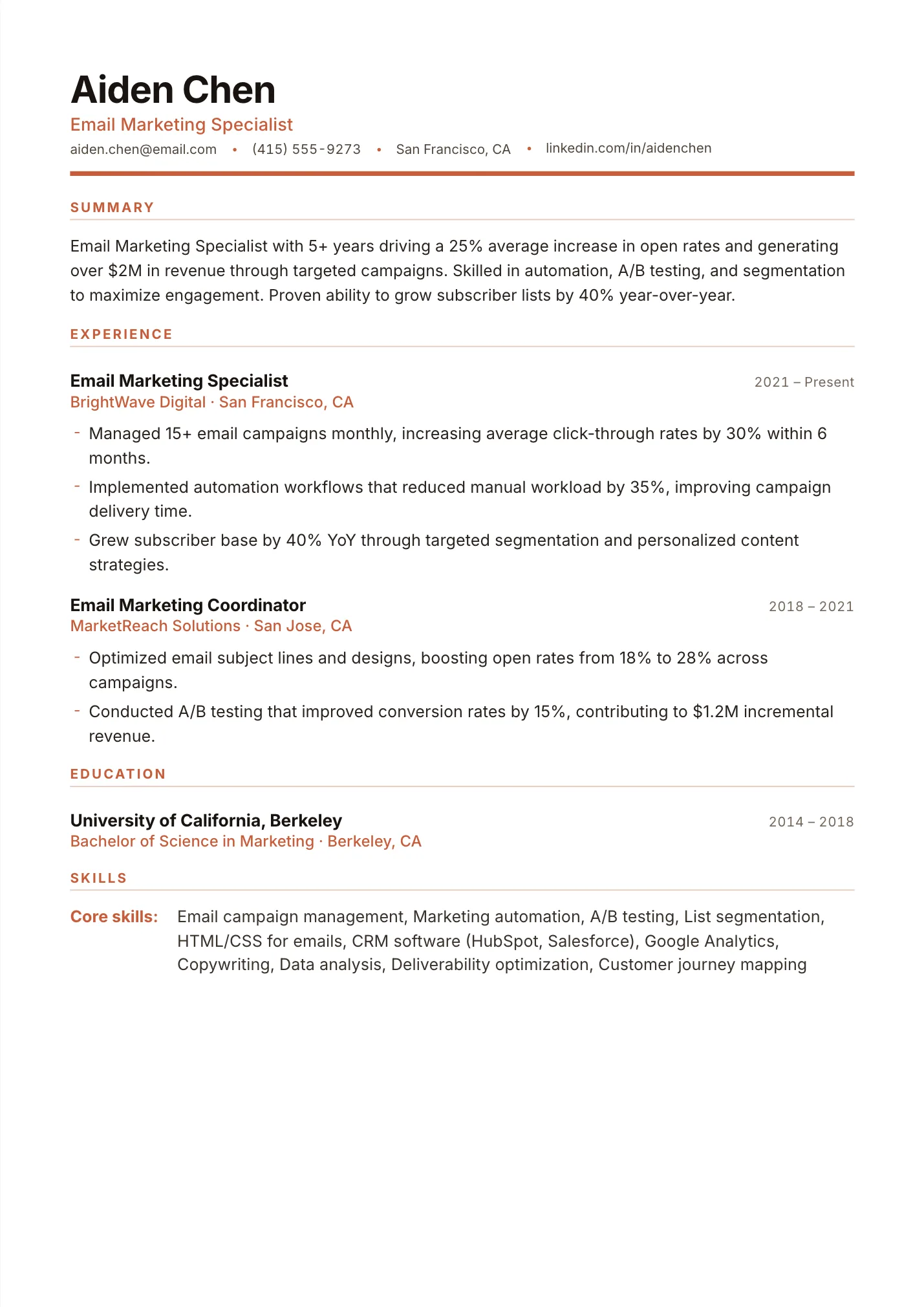 Email Marketing Specialist resume example as a one-page PDF in the LuckyResume editor