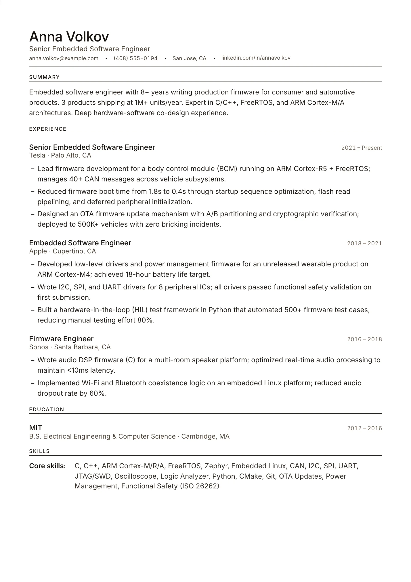 Embedded Systems Engineer resume example as a one-page PDF in the LuckyResume editor