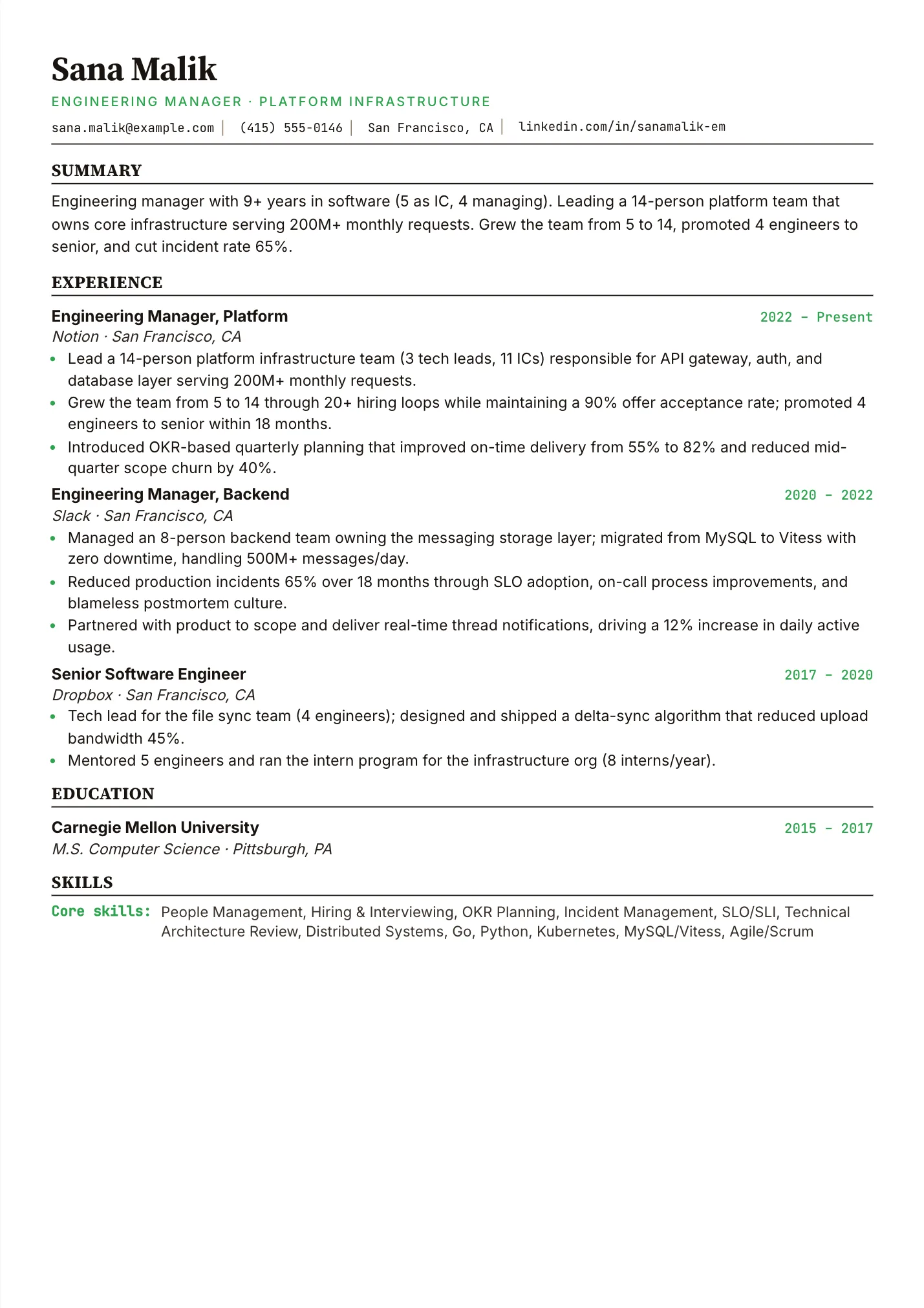 Engineering Manager resume example as a one-page PDF in the LuckyResume editor