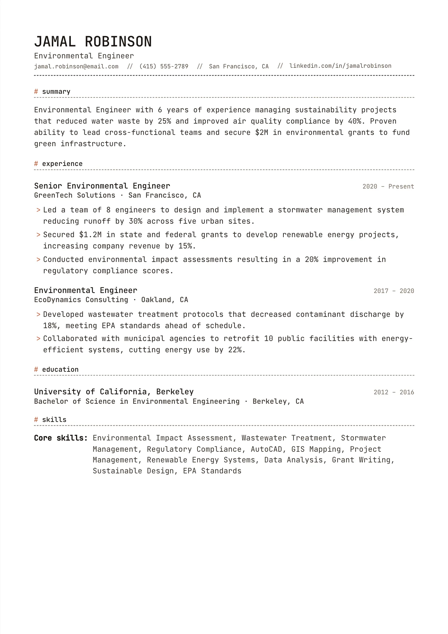 Environmental Engineer resume example as a one-page PDF in the LuckyResume editor