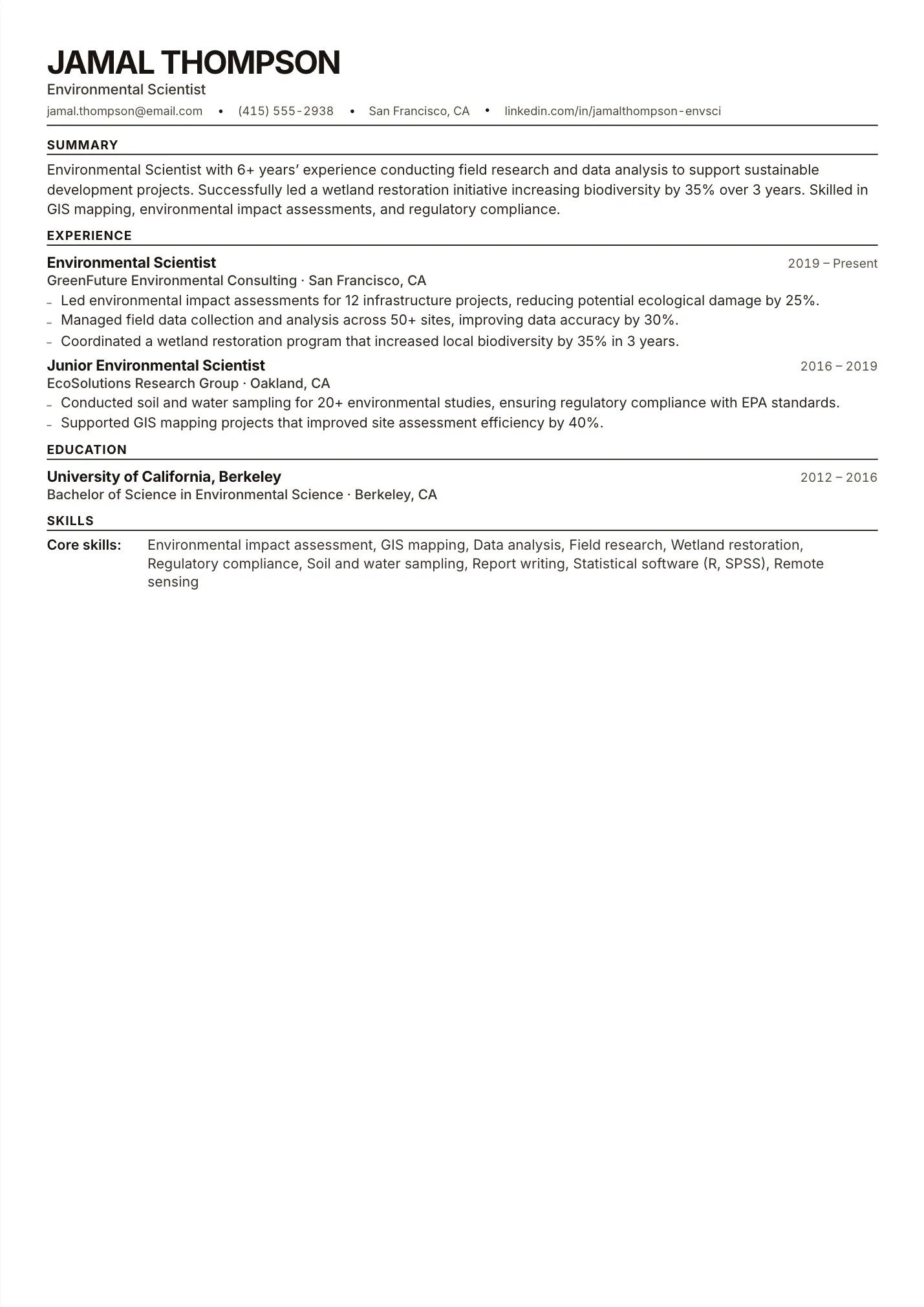 Environmental Scientist resume example as a one-page PDF in the LuckyResume editor