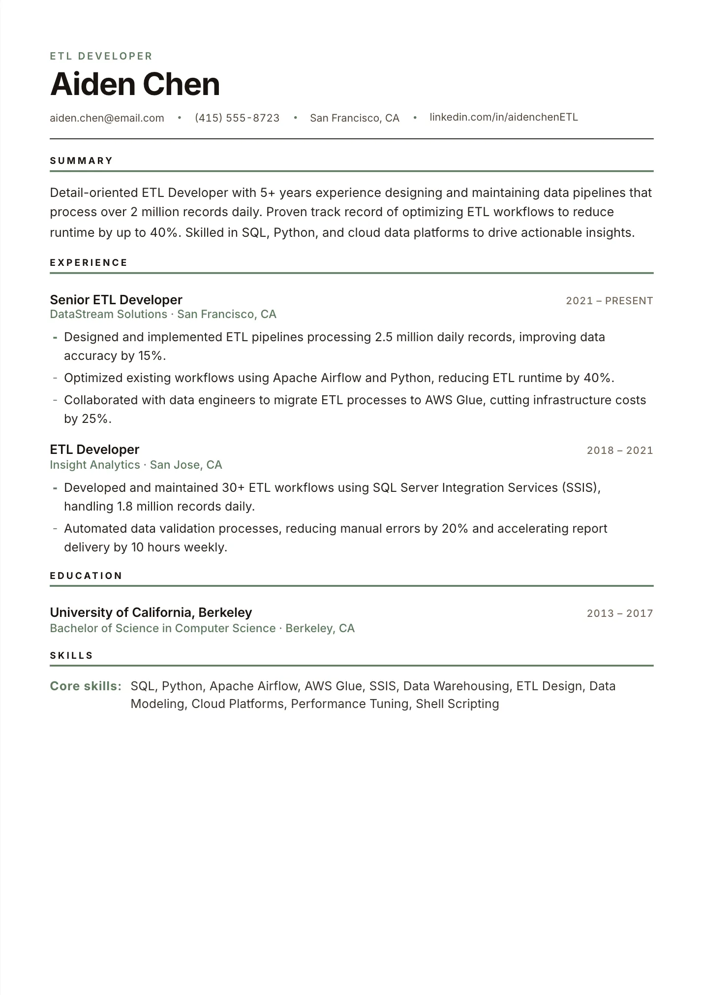 ETL Developer resume example as a one-page PDF in the LuckyResume editor