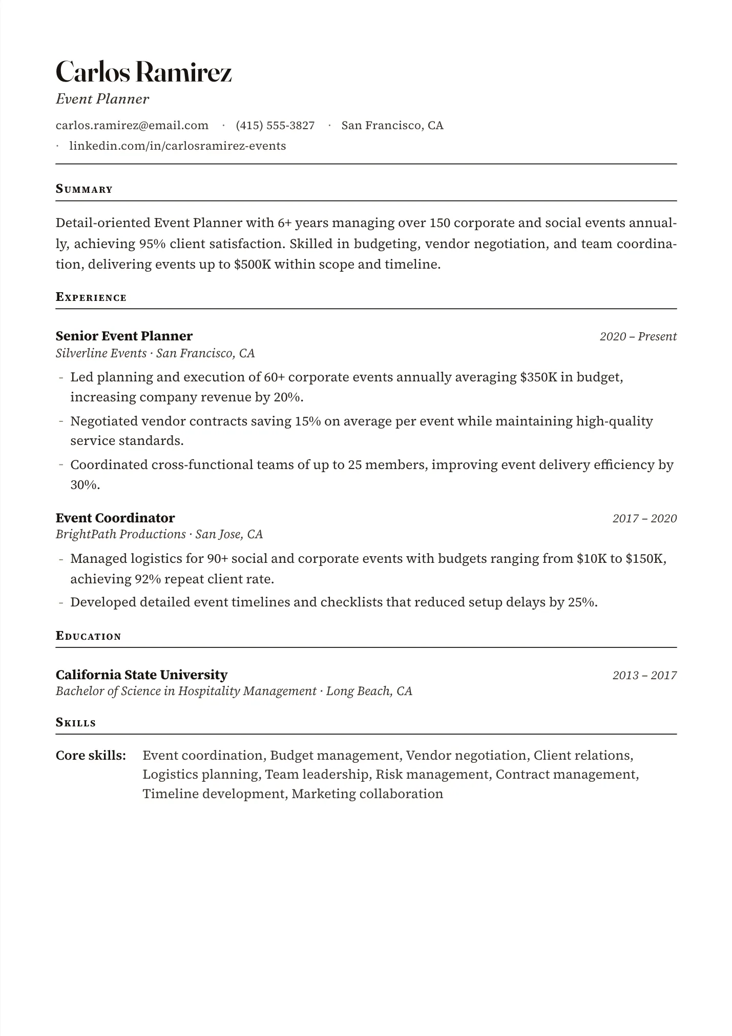 Event Planner resume example as a one-page PDF in the LuckyResume editor