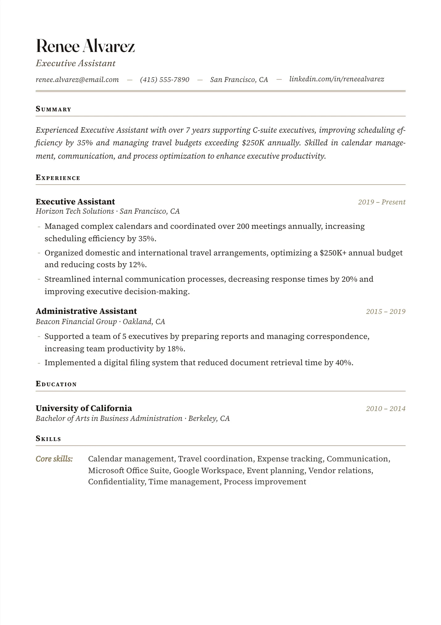 Executive Assistant resume example as a one-page PDF in the LuckyResume editor