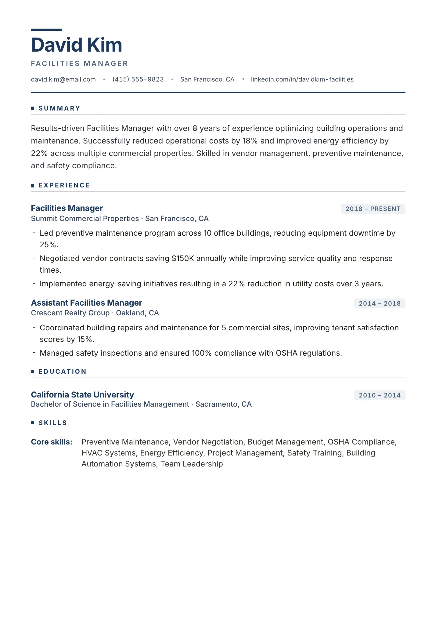 Facilities Manager resume example as a one-page PDF in the LuckyResume editor